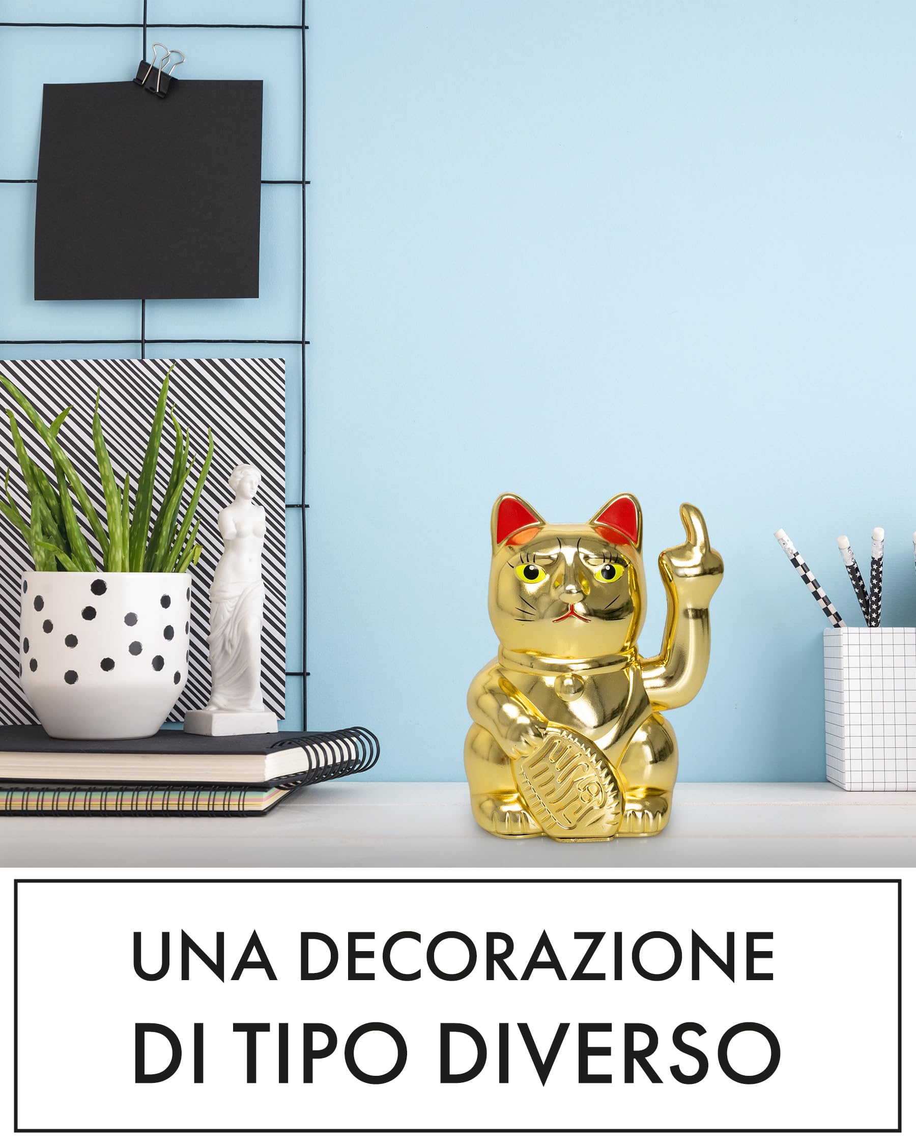 ANGRY CAT - Gatto fortuna Lucky Cat - Divertente gatto giapponese che saluta - Figura statuetta statua idea di regalo con braccio ondeggiante - oro, 15cm