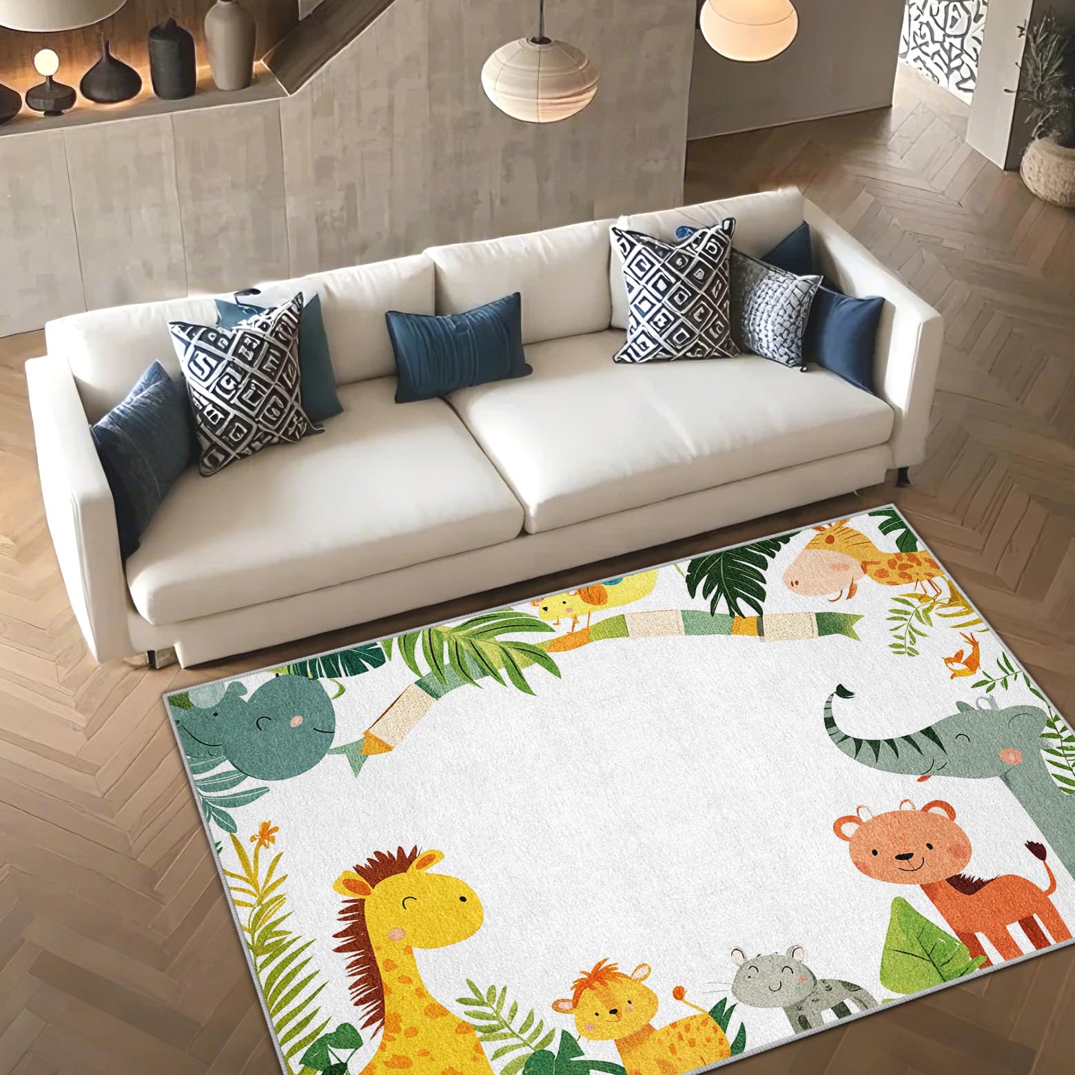 Cartoon Kids Door Mat 2x3 Jungle Safari Zoo Throw Rug for Entryway, Animal Prints Washable Area Rug for Bedroom Living Room, Indoor Non Slip Floor Mats