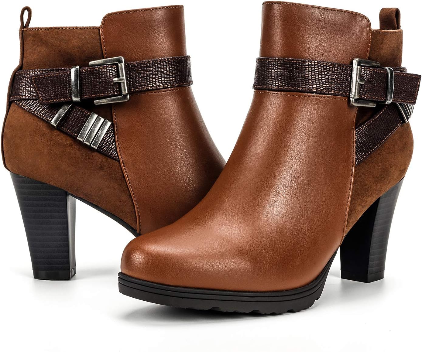 Women's Zipper Booties Chunky Stacked Heel Ankle Boots Buckle Strap Ankle