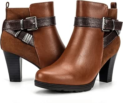 Mysoft Women's Ankle Boots – Chunky Stacked Heel, Zipper Booties, Waterproof PU, Wide Sizes Available, Brown, Size 6 - View #5