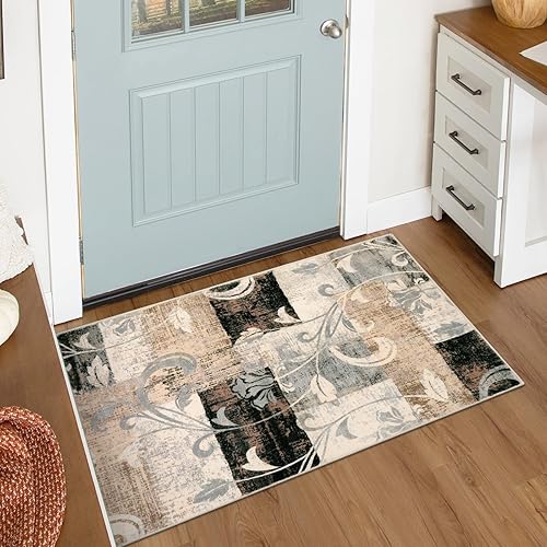 Miniatura 2 de Lahome Alfombra moderna geométrica pequeña, lavable, suave, de 2 x 3 pies, para entrada, antideslizante, diseño de retazos florales, envejecida,