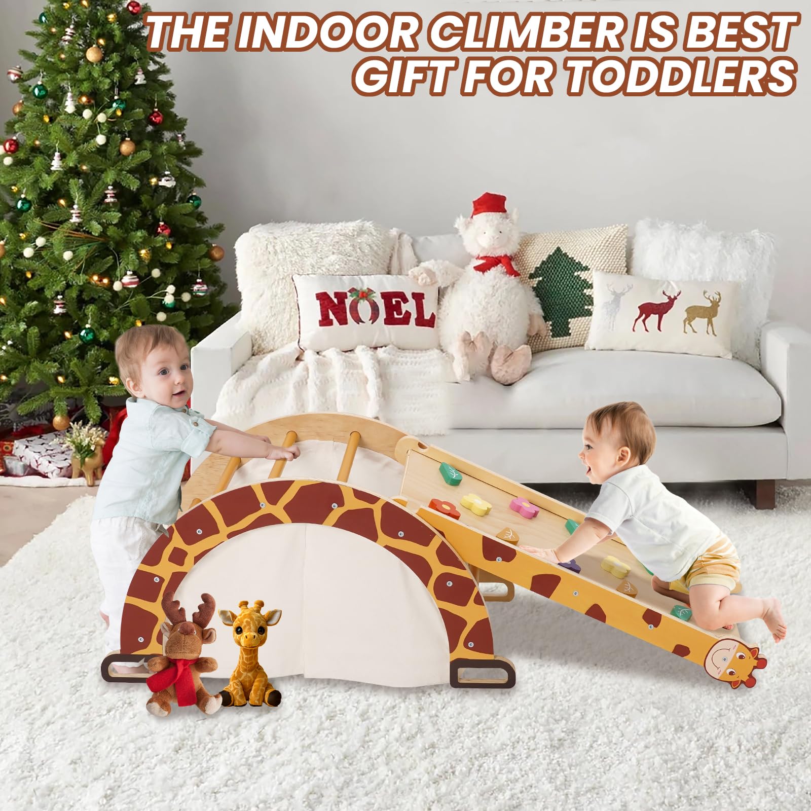 YULEYU Montessori 4-in-1 boog-klimset met glijbaan voor peuters, voor baby's, indoor, klimrek met helling en rocker, jungle-speelplaats voor kinderen, giraffe design