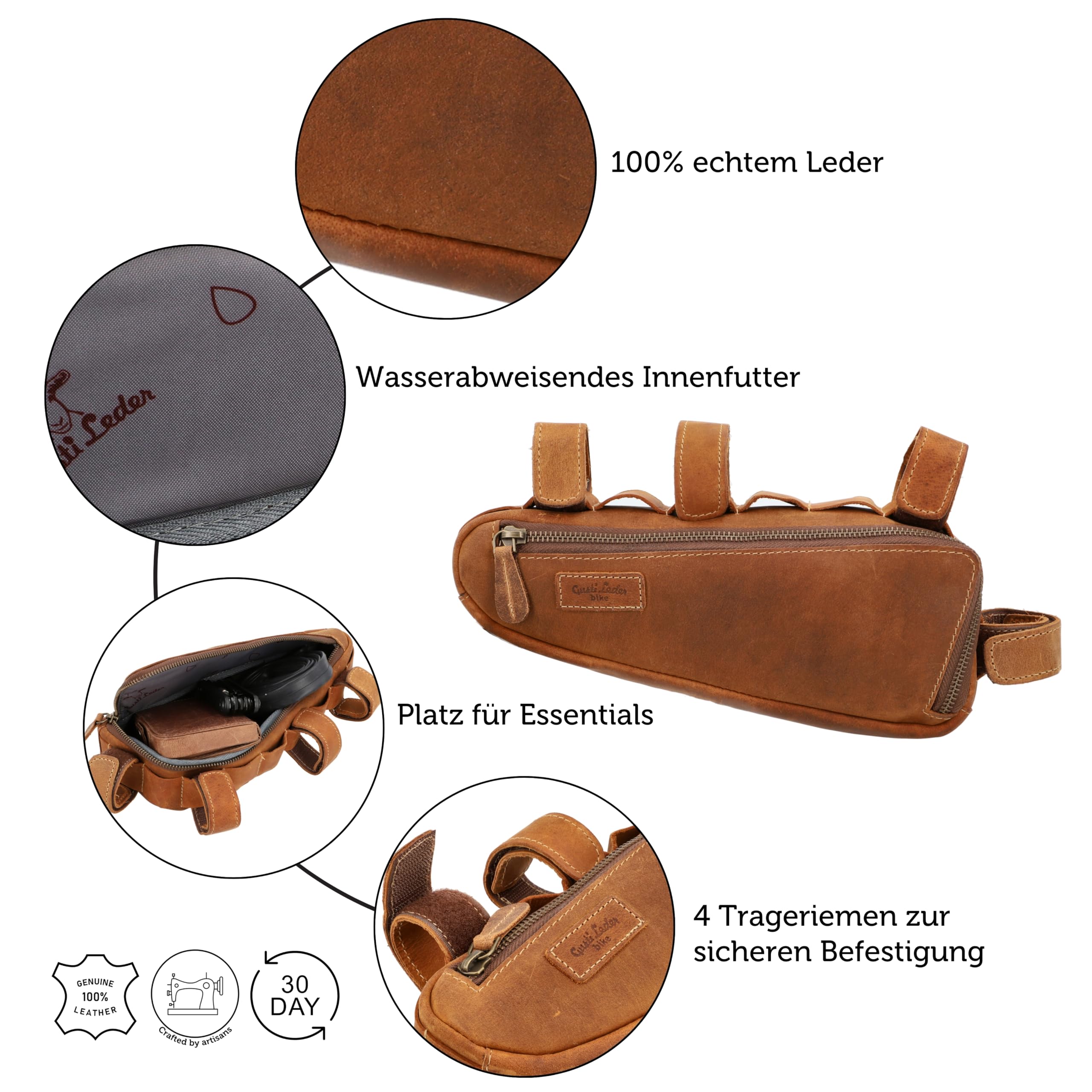 Gusti Fahrradtasche Leder - Rahmentasche Maurice G. Ledertasche für Werkzeug Vintage Look Braun Fahrradzubehör