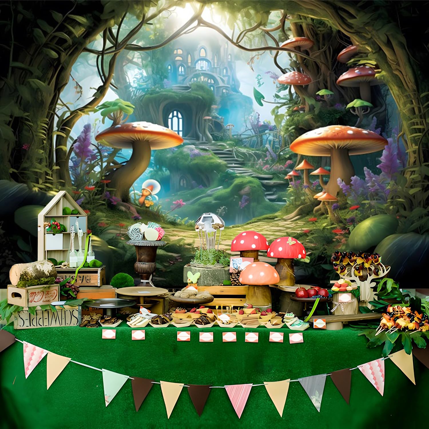 Fairy Tale Forest Round Backdrop - 6ft Diameter Green Trees Mushroom Scene