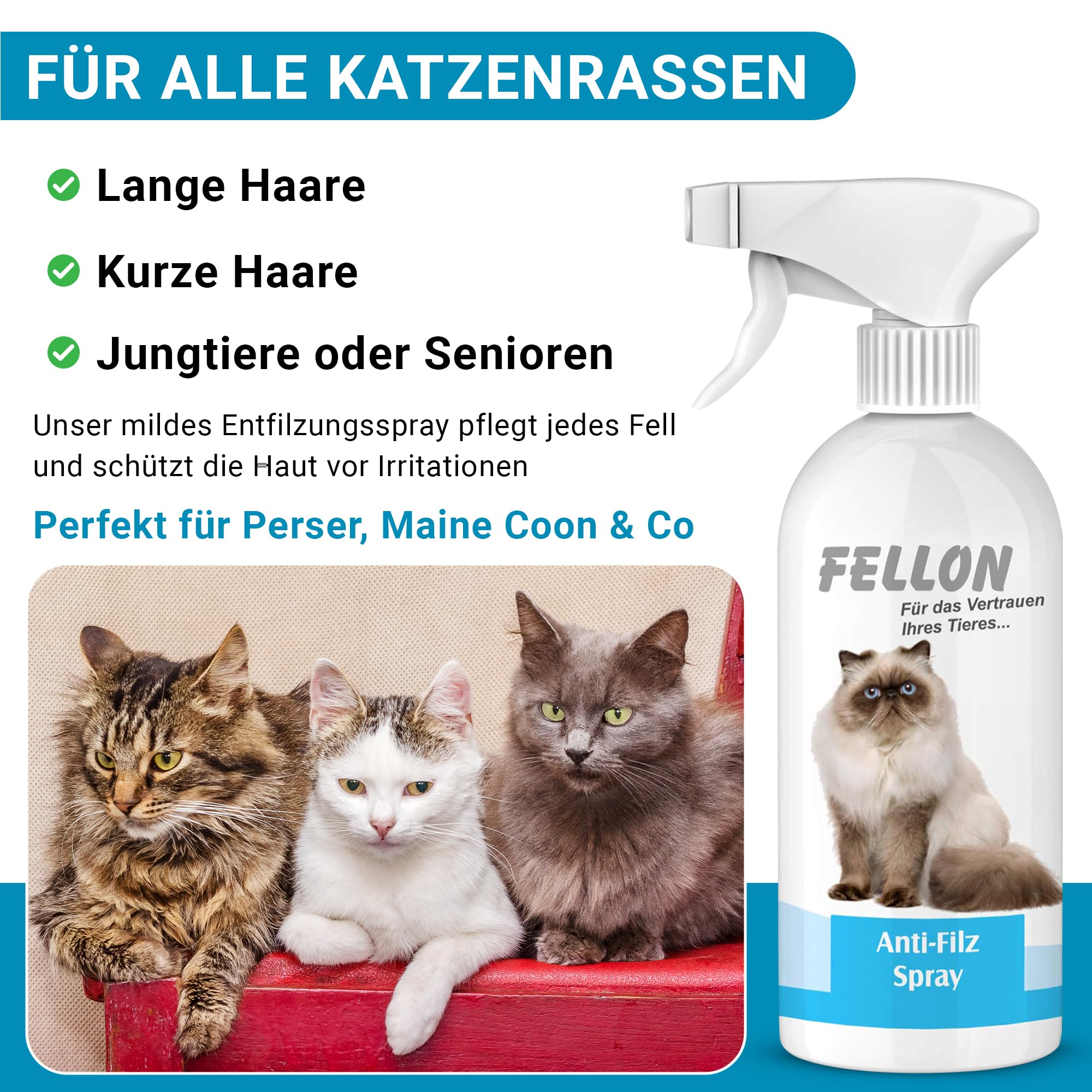 Fellon Spray anti-feutre pour chats - Spray démêlant 500 ml - pH neutre - Soin du pelage pour une brillance soyeuse et facile à démêler - Pour toutes les races de chats et les personnes allergiques