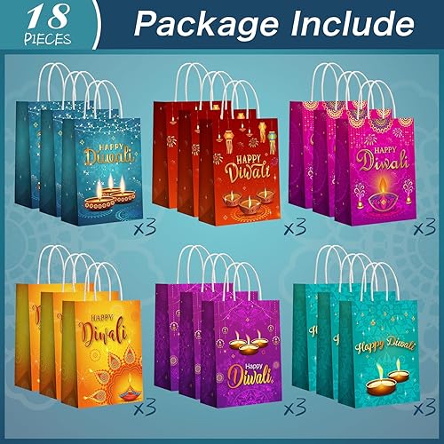 Miniatura 2 de Cholemy 18 bolsas de papel Diwali Happy Diwali con asas, bolsas de regalo de fiesta Diwali, bolsas de regalo de papel de seda, bolsas de dulces