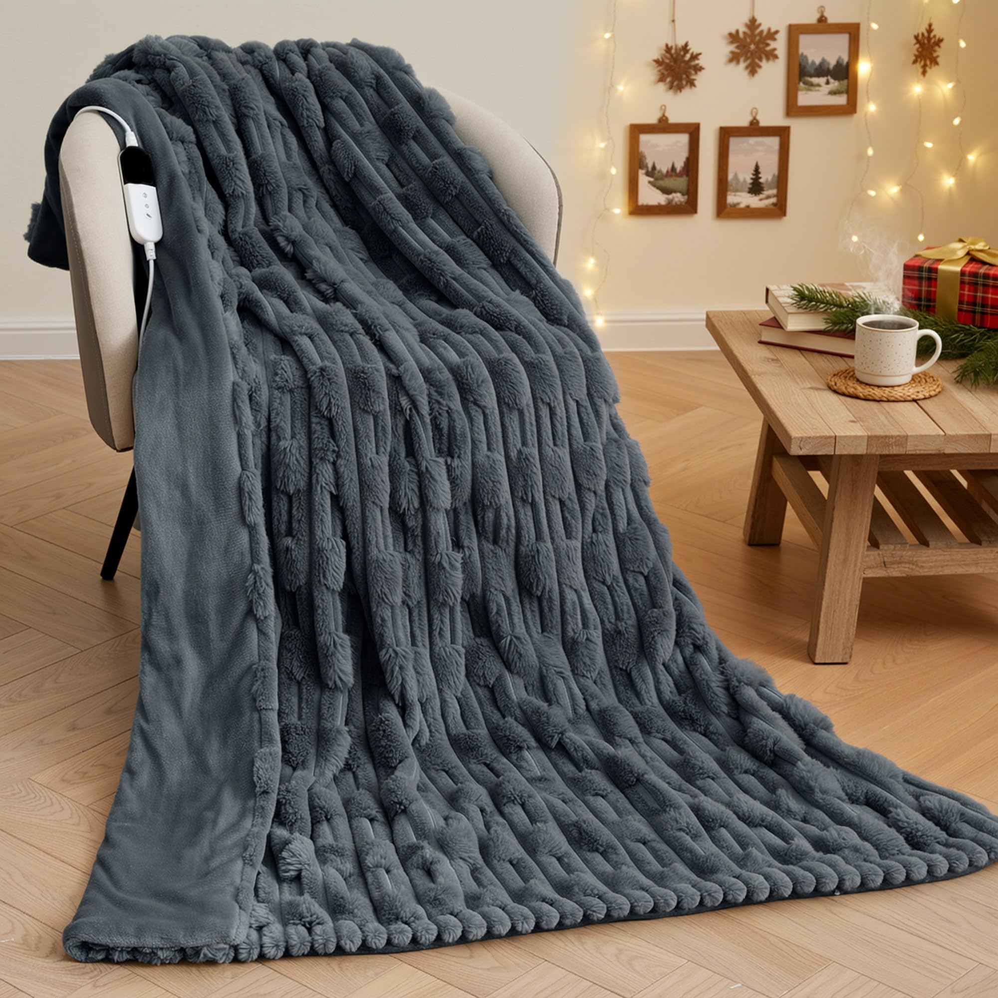 Electric Blanket 130 x 180 cm, Bamboo Texture Plush Rabbit and Flannel, 6 Heat Levels and Auto Shut-off 1-10H, Machine Washable Thermal Blanket for Bed Sofa Office (Grey)