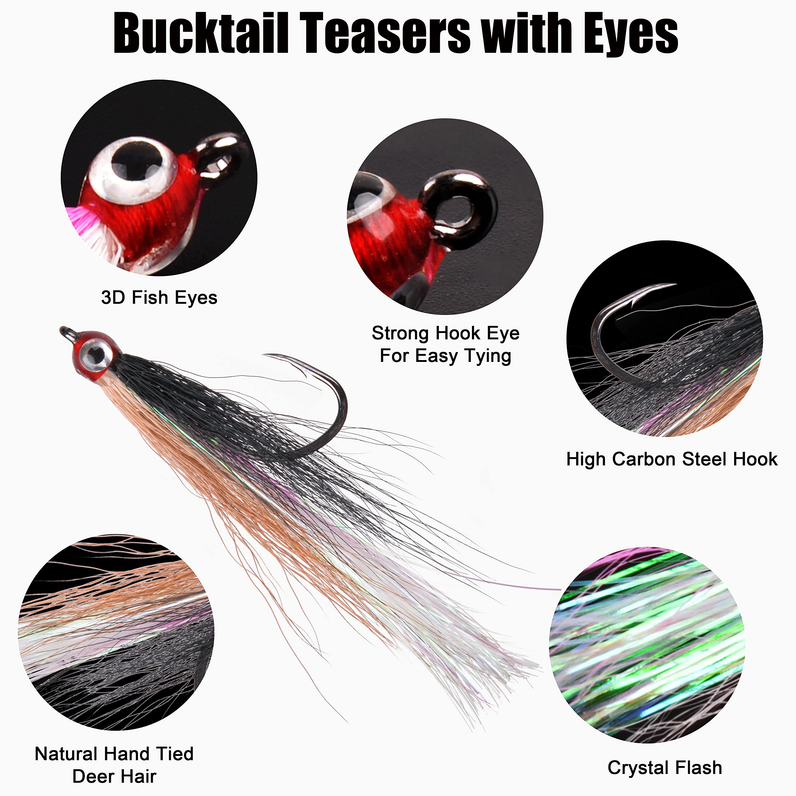 Bucktail Teasers Fishing Hook - 6pcs Stainless Steel Hook and Crystal Flash Inserted for Catfish Cod Flounder Saltwater Fishing Jig Three Colors (Black/Gray)
