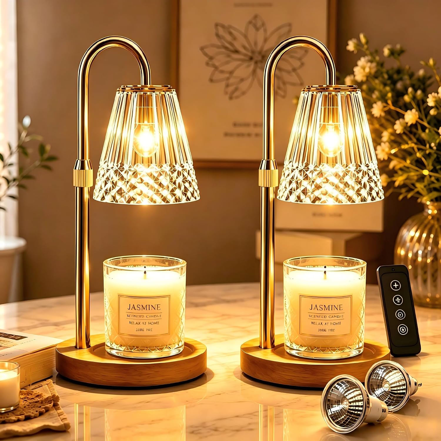 TATAANTY Candle Warmer Lamp 2 Pack with Timer & Dimmer, Adjustable Height, Wood Base for Jar Candles