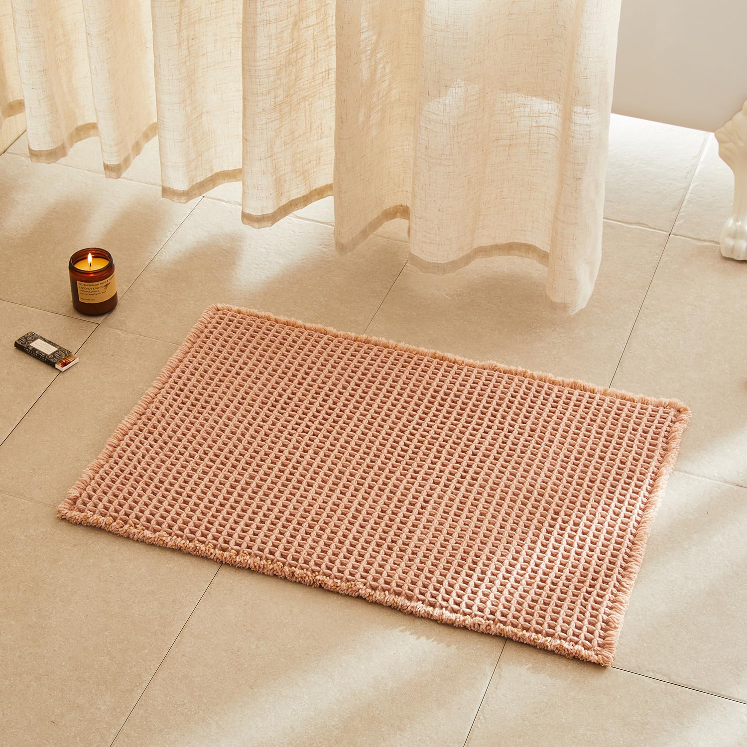 TYUU Waffle Bath Mat, Boho Bathroom Rugs Non Slip, 30x20 Light Peach