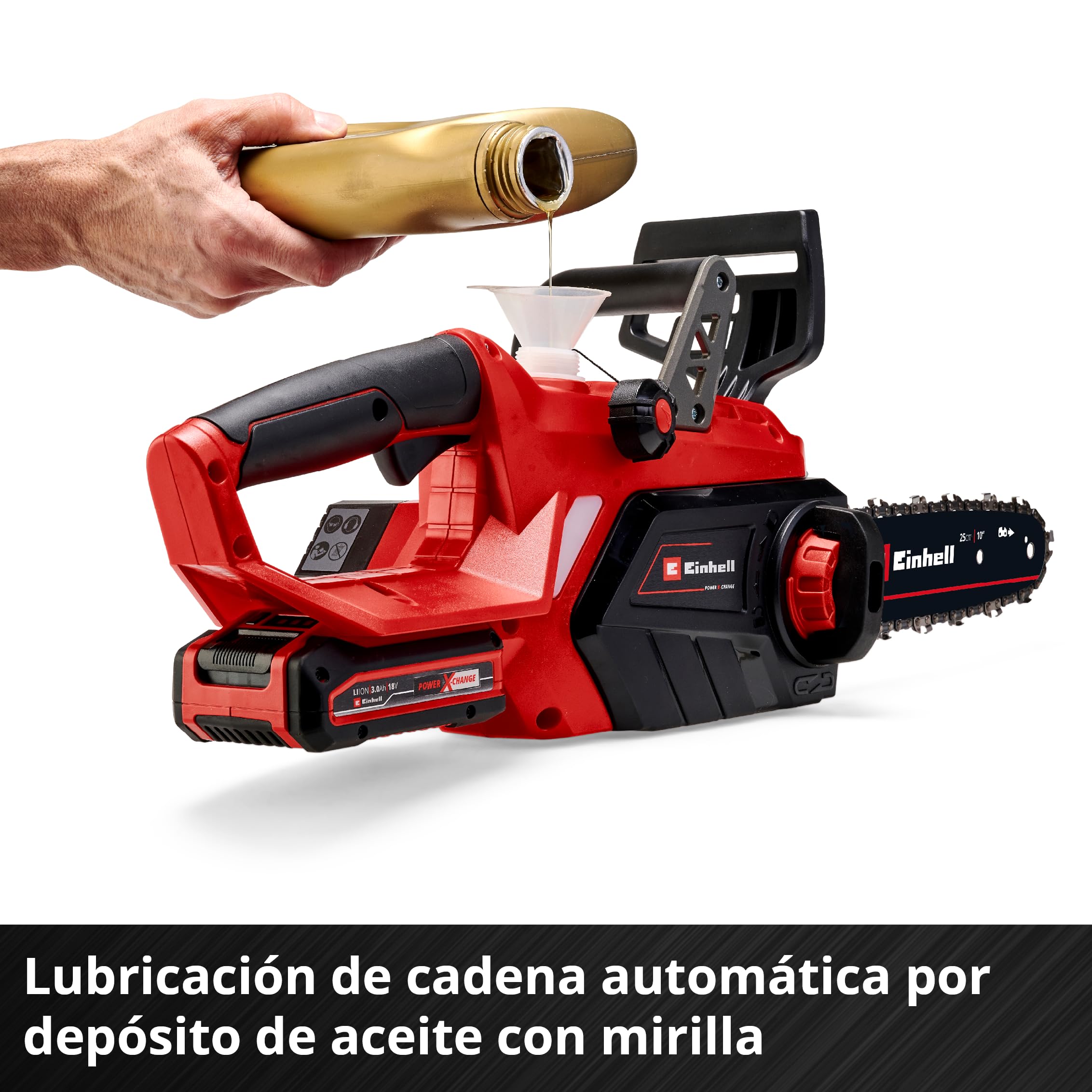 Einhell Motosierra con batería GE-LC 18/25-1 Li Kit Power X-Change (18 V, 23 cm de longitud de corte, 4,5 m/s velocidad de cadena, lubricación de cadena automática, incl. 1x 3,0 Ah + cargador)