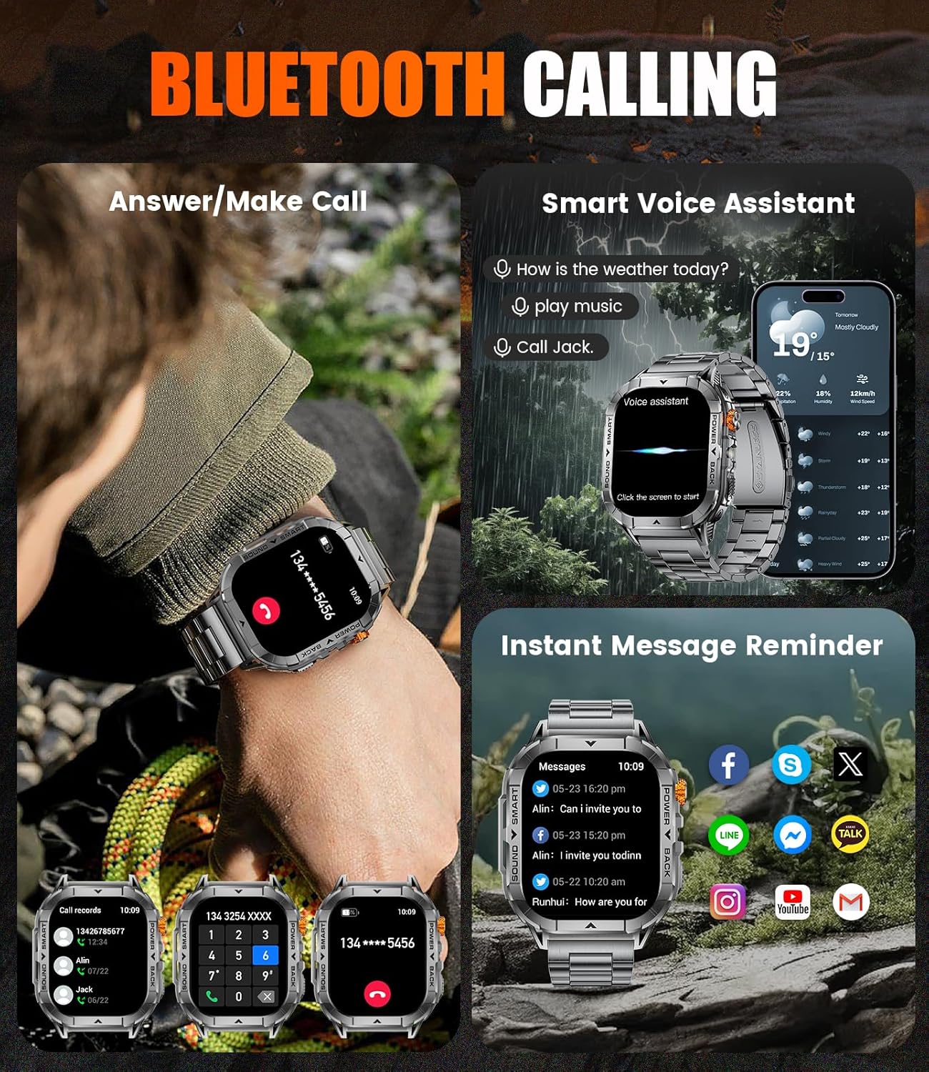 SUNKTA EF17 Smart Watch demonstrating Bluetooth calling and message notifications