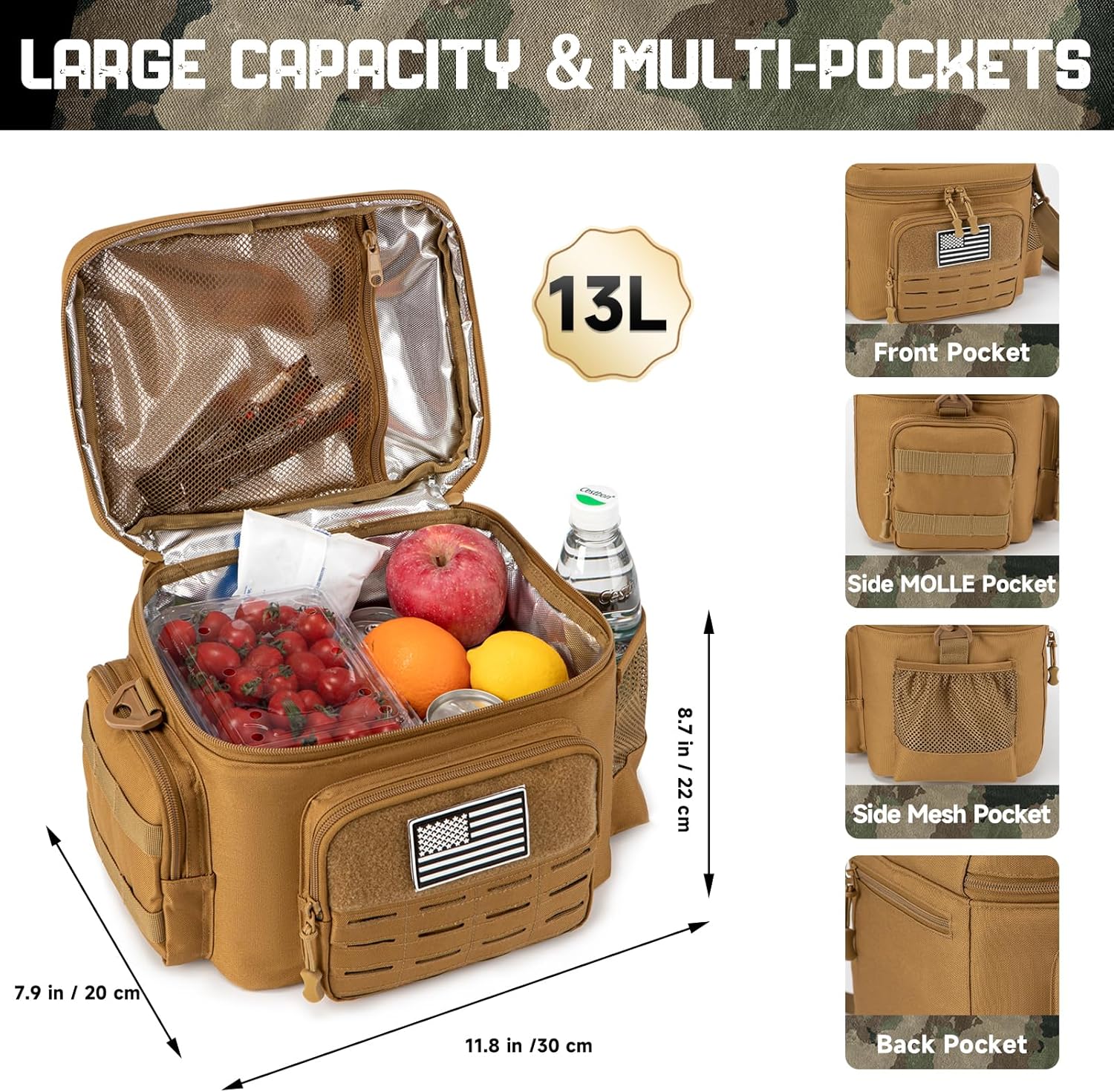QT&QY Tactical Lunch Bag for mens Military heavy duty lunch box work Leakproof insulated Durable Thermal Cooler Bag for Adult Meal for Office Camping Picnic Pail MOLLE Webbing Khaki - Image 2
