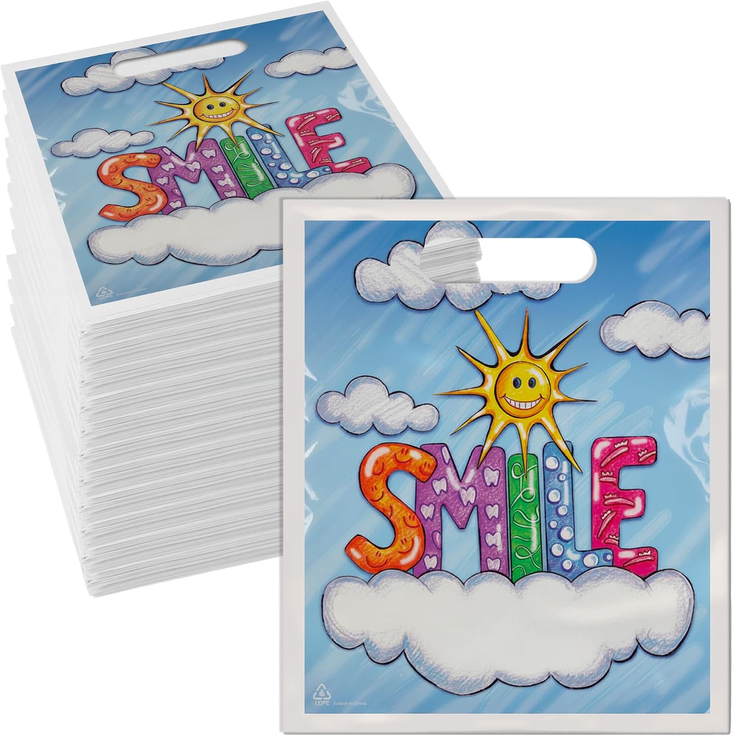 Soft Claws 100 Pcs Dental Goodie Bags – “Sunshine Smile” Design, 9 x 7.5 Inch Plastic Dental Bags with Handles, Patient Care Bags for Dentist Office, Made in USA