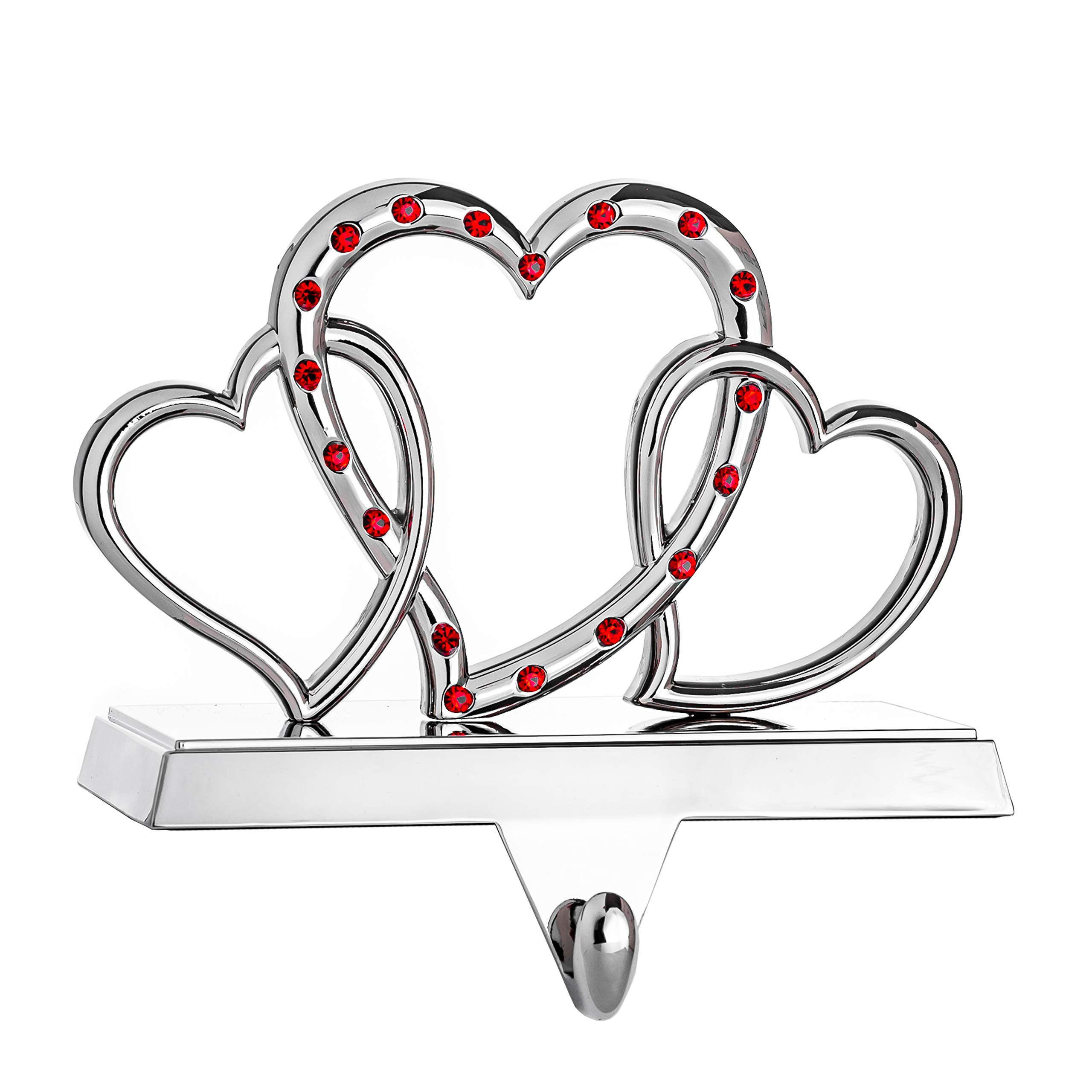 Klikel Stocking Holder - Christmas Stocking Holder for Mantle - Triple Heart Stocking Holder - Christmas Mantle Stocking Hanger - Non-Tarnish Metal with Red Acrylic Crystals