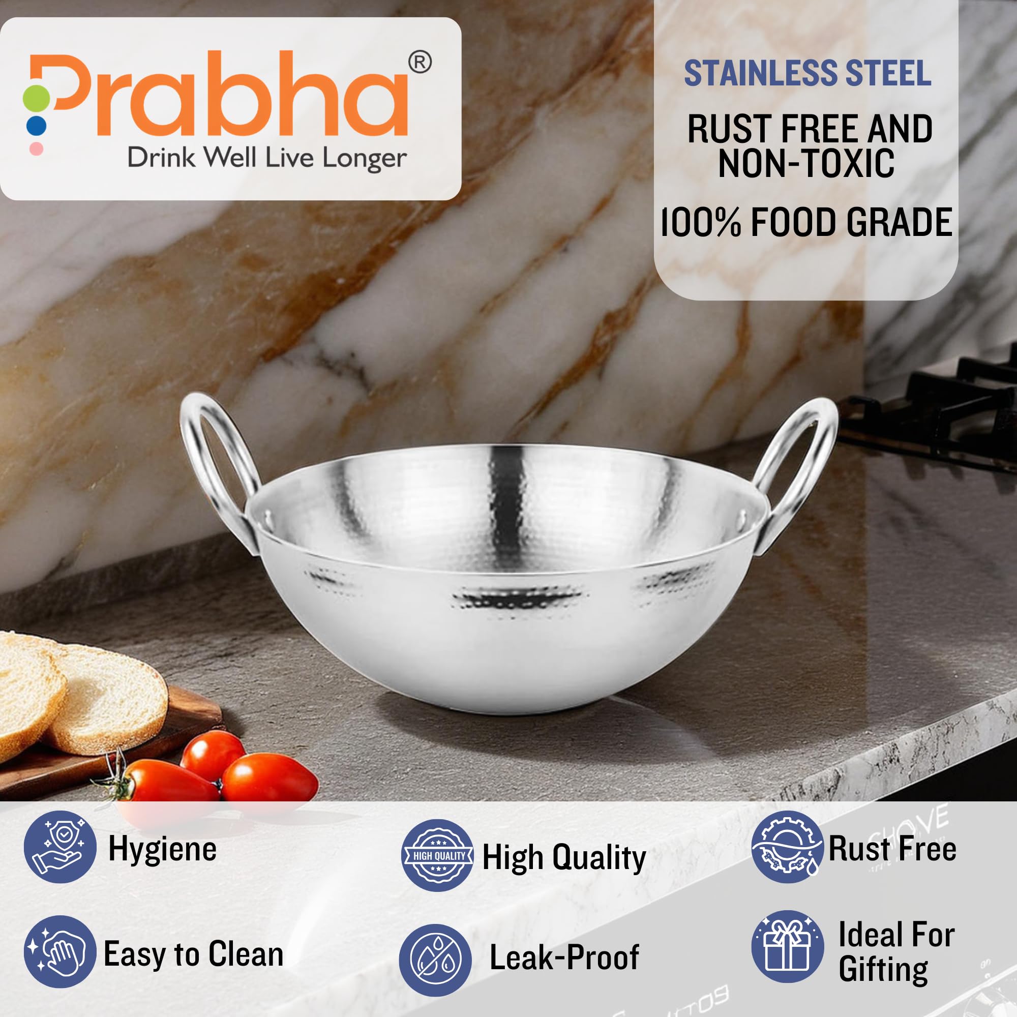 Prabha Stainless Steel Hammered Finish, Heavy Gauge Kadhai, Kitchen Wok with 3.4L Capacity & 280mm Size, Compatible with Gas Stove - Image 4 thumbnail