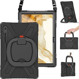 BRAECN Galaxy Tab S8+/S7 FE/S7+ 12.4 Inch Case (SM-X800/T730/T970),Heavy Duty Rugged Silicone Case with S Pen Holder, Handle Strip, Stable Kickstand, Shoulder Strap for Samsung Tab S8 Plus 2022-Black