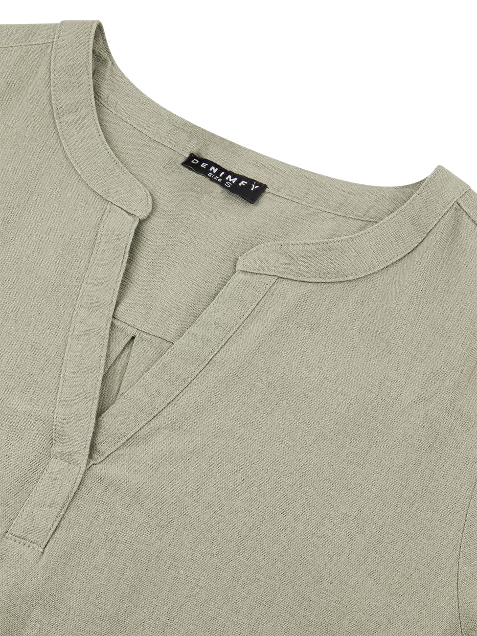 DENIMFY Lniana bluzka damska na lato, lekka, regularny krój, lniana bluzka z rękawami 3/4, dekolt w serek, jednokolorowa, biała, beżowa, zielona, S, M, L, XL, XXL