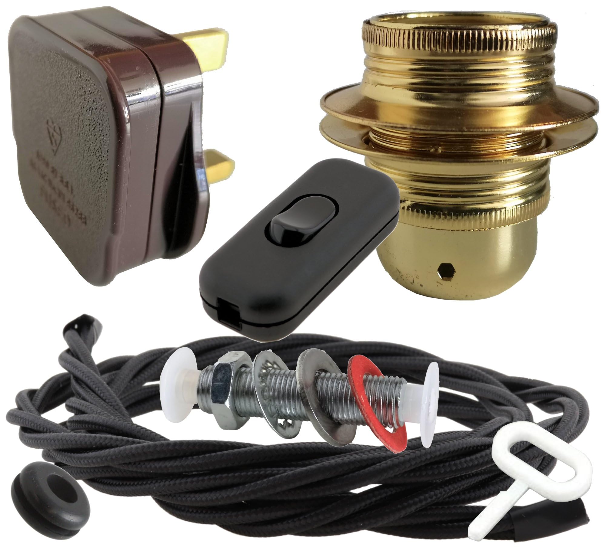 Art Deco Emporium Lamp Repair and Service Kit|Brown Plug|Black Flex|Black Switch|E27 Brass Finish Lamp Holder Holder