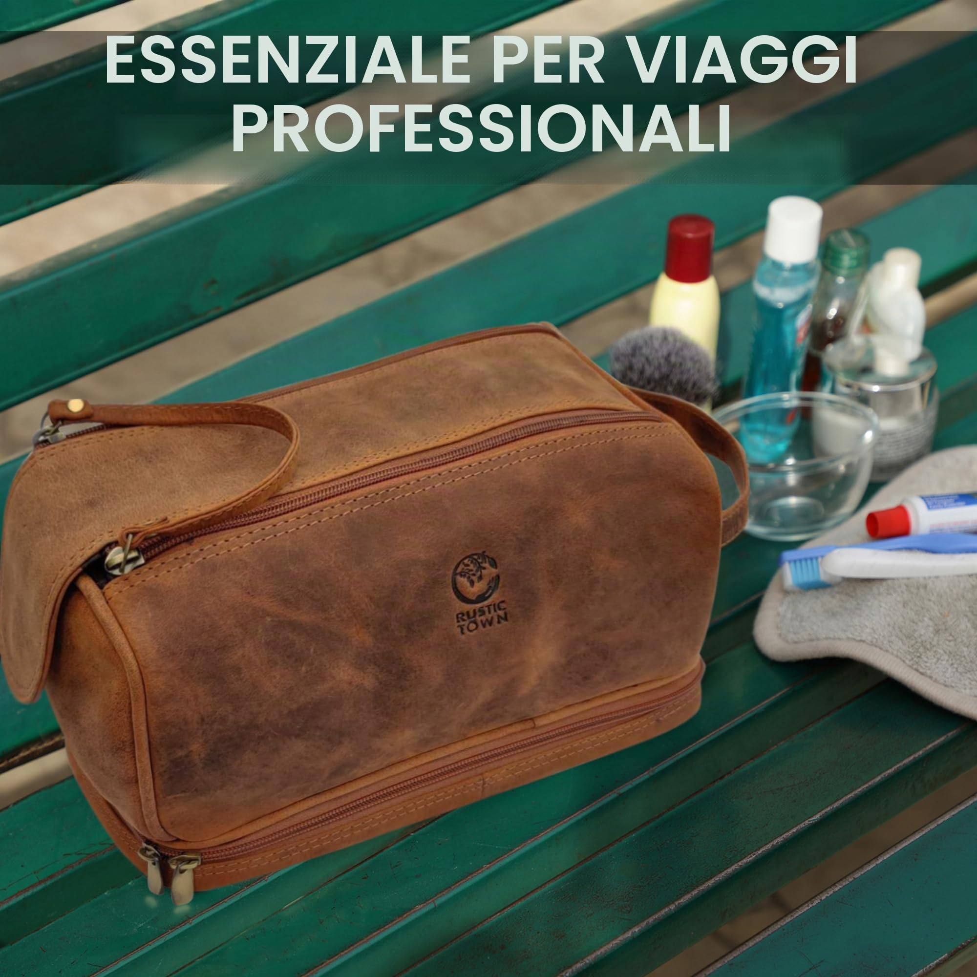 Rustic Town - Borsa da viaggio da uomo, in pelle, per articoli da toeletta