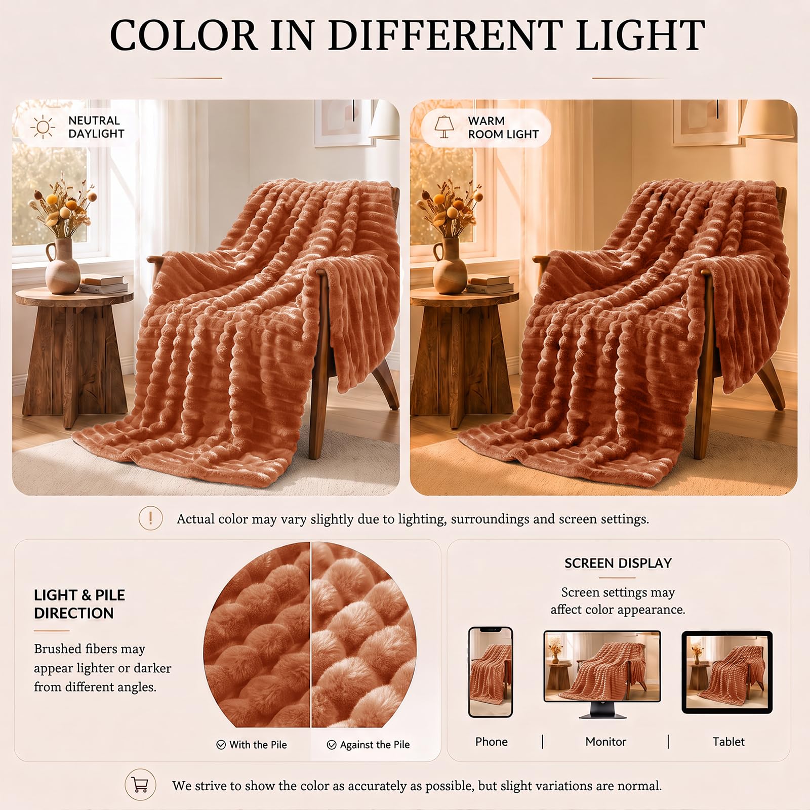 HIMEET Burnt Orange Full Blanket for Bed, 300GSM Ribbed Fleece, 84 x 90 in view 6