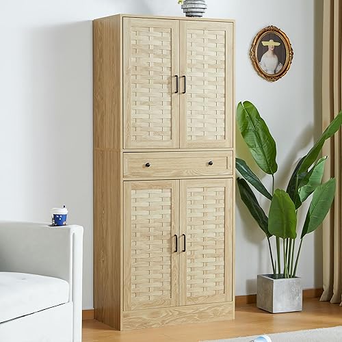 LEVNARY Armario de almacenamiento de despensa de cocina de 72 pulgadas con 4 puertas tejidas, cajón y 4 estantes ajustables, armario de