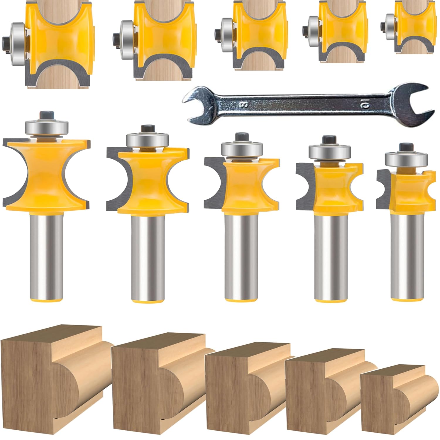 OLETBE 1/2 Inch Shank Bullnose Router Bit 5PCS Half Round Bearing Carbide Tipped Edge Cutting Wood Door Cabinet Bits Radius 1/8" Woodworking Milling Cutter CNC Tool(Panel)