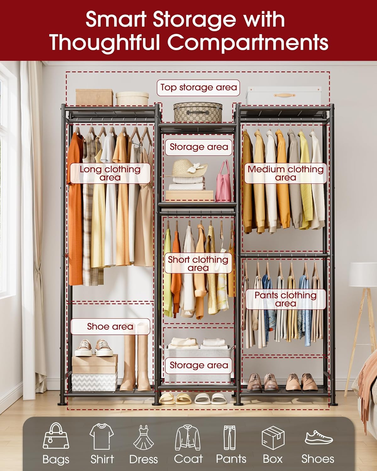 Clothes Rack - Freestanding Wardrobe Closet Organizer with 7 Shelves & 4 Hanging Rods, Metal Clothing Rack for Bedroom, Laundry Room, or Apartment (Black, 63" W × 12.6" D × 77.7" H)