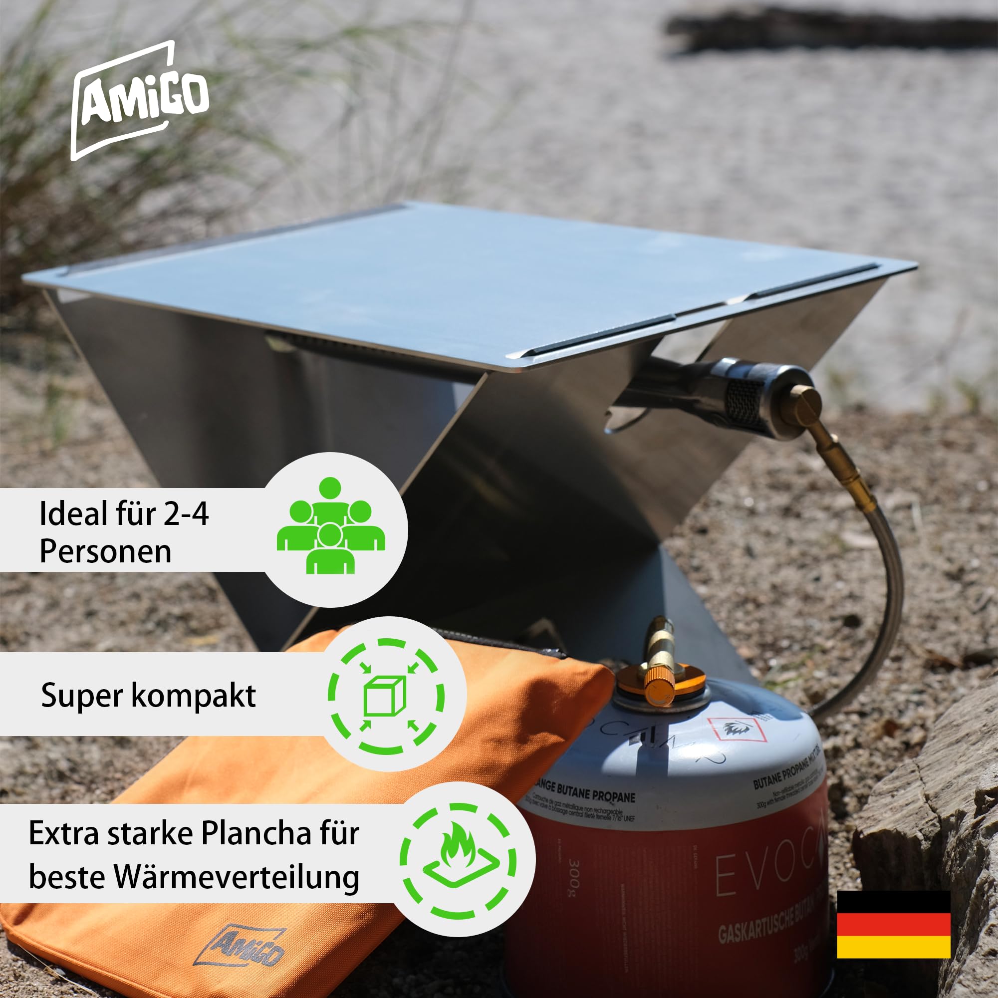 Amigo mobiler Camping Gasgrill klein & klappbar I mini Camping Grill mit Plancha inkl Trage-Tasche I perfekt für Outdoor-Fans, Camper, Balkon I Klappgrill Tischgrill made in Germany