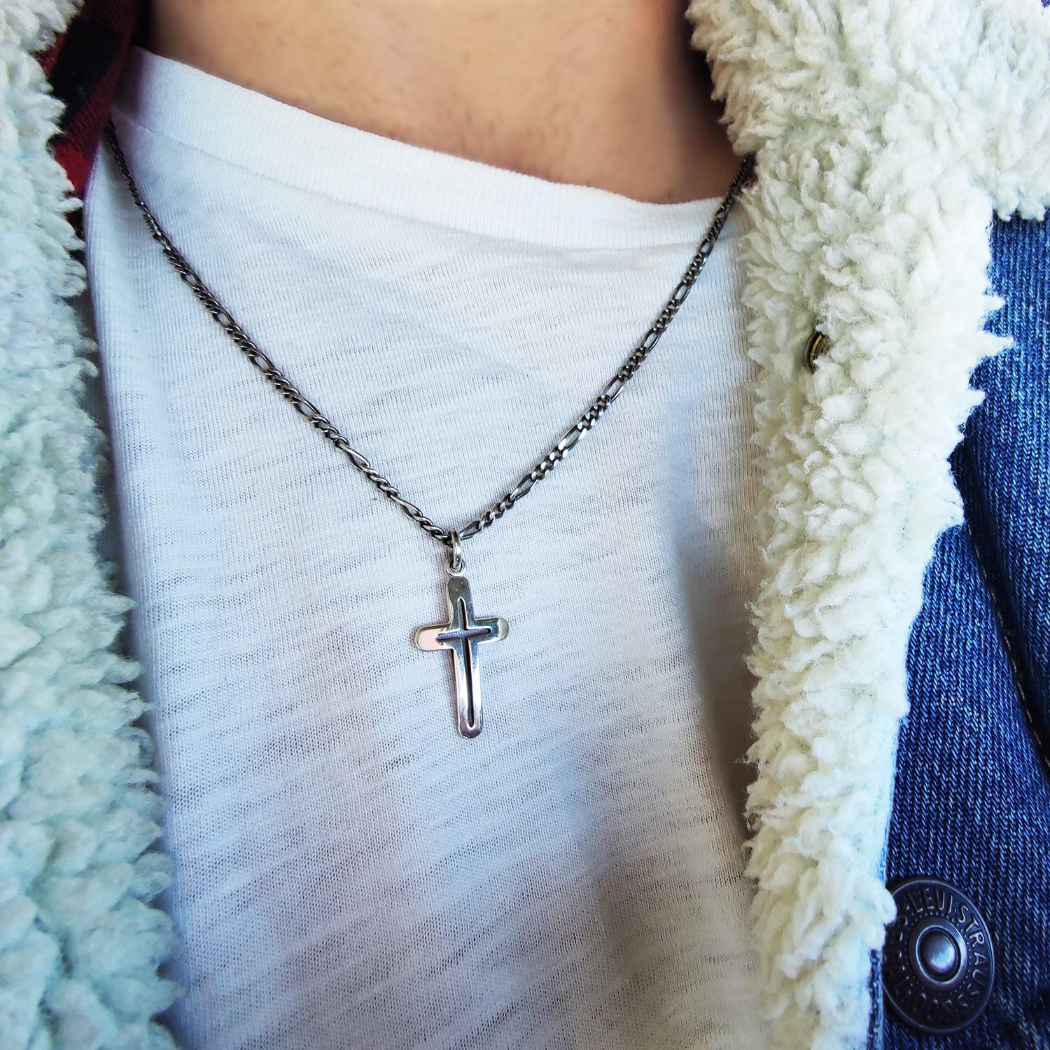 Collana girocollo da uomo ragazzo in argento 925 nero antico,catena grumetta con pendente a forma di croce crocifisso