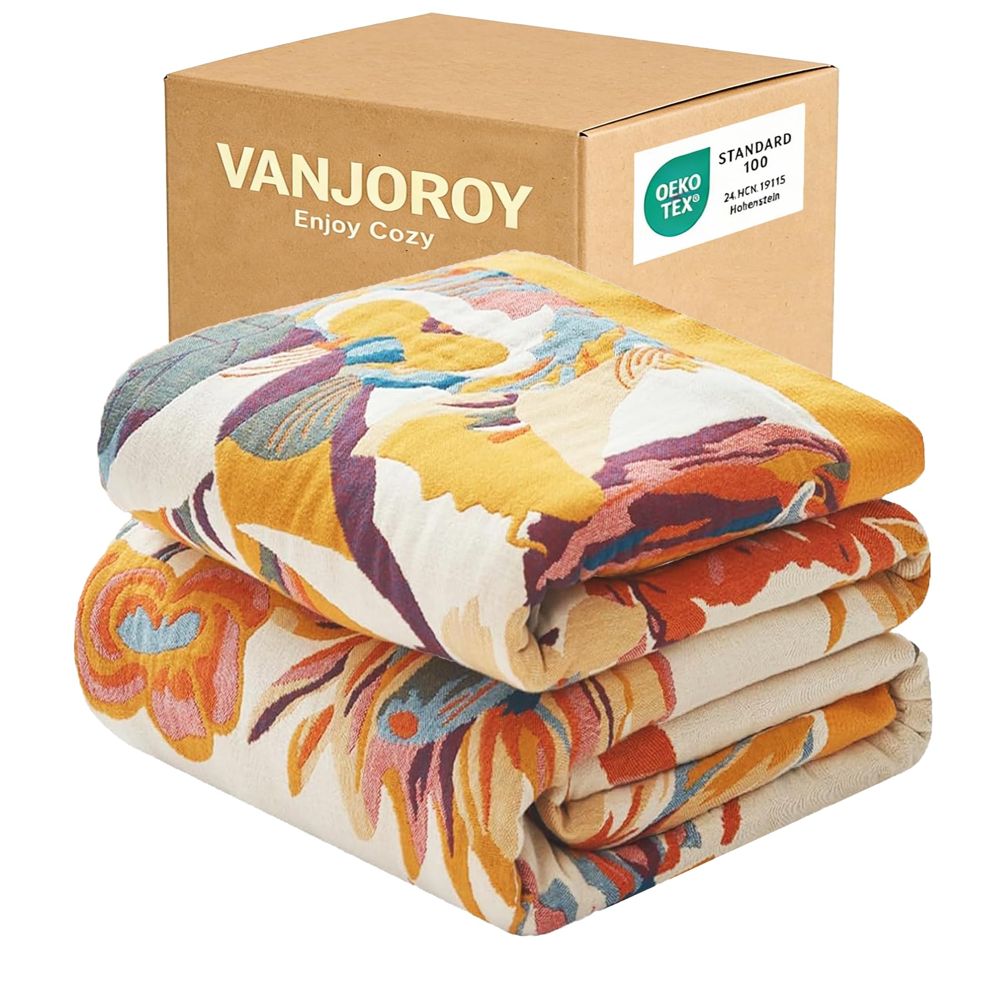 VANJOROY Coperta per Divano Grande in Musola 100% Cotone, Morbida e Amica della Pelle, Copriletto di Lusso Bohemian per Divani a 2 o 3 Posti, Poltrone, Divani e Copriletto. 150 x 200 cm - Beigebianco