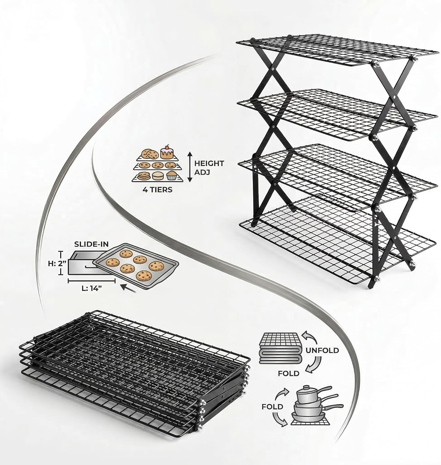 4-Tier Collapsible Cooling Rack for Baking | Adjustable Stackable Wire Rack for Cookies, Cakes & Roasting | Space-Saving Foldable Design for Small Kitchens & Camping (Black)