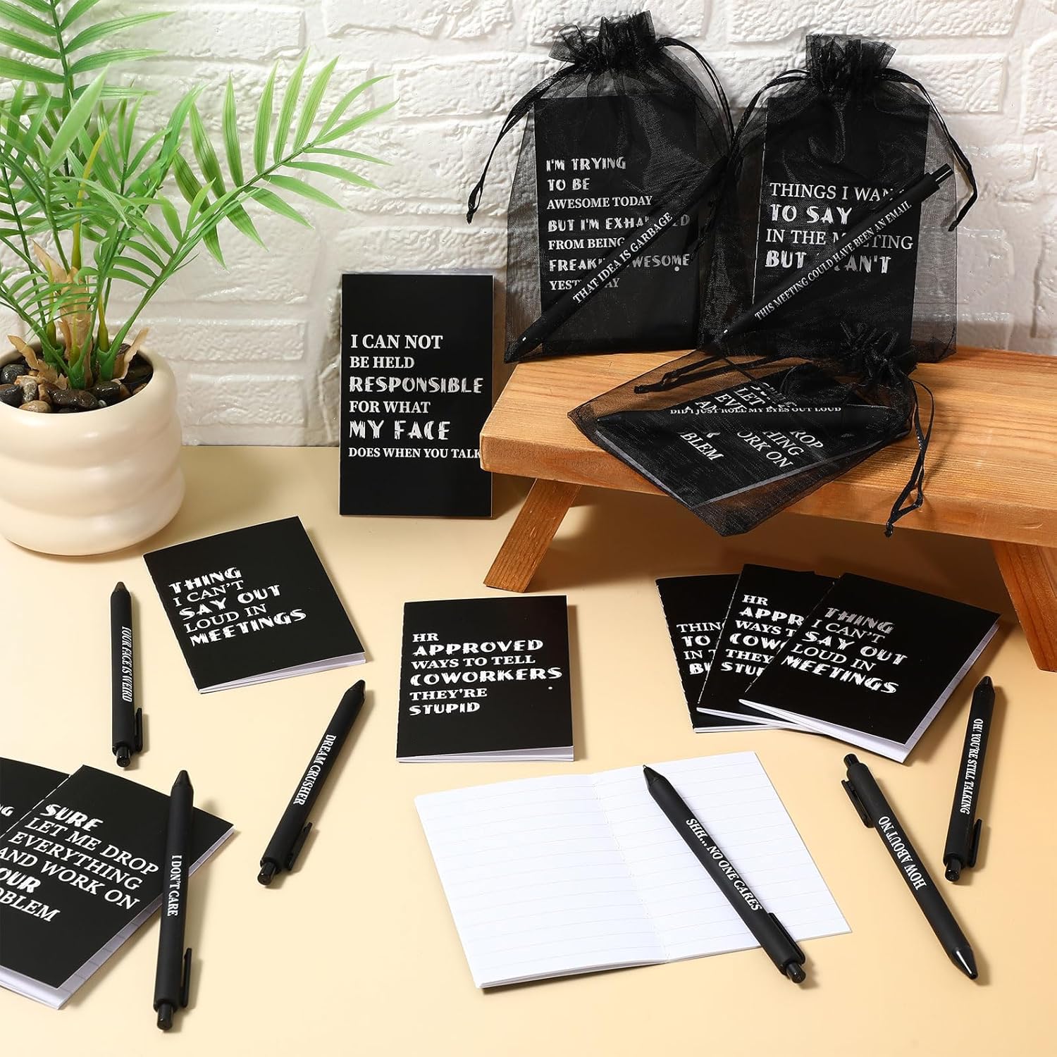 Yeaqee 72 Pcs Christmas Employee Gifts 24 Funny Notepads Set with Sarcastic Sayings Funny Notebooks Sarcastic Sayings 24 Ballpoint Pens and 24 Organza Bags for Office Adult Teacher Desk Gag Work Gifts