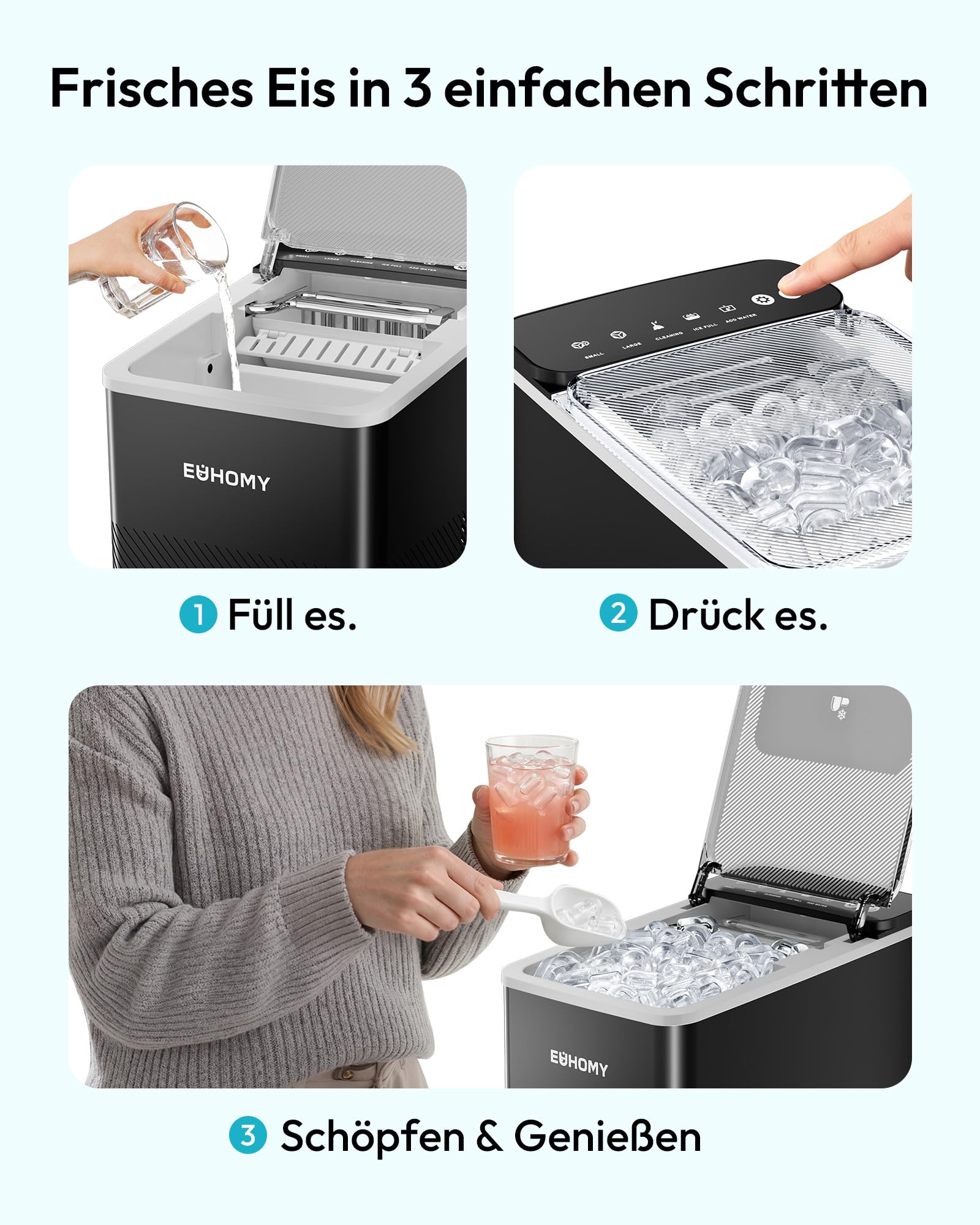 EUHOMY Eiswürfelmaschine, Kompaktes Design, 9 Eiswürfel in 2 Größen, Automatische Reinigung, schwarz