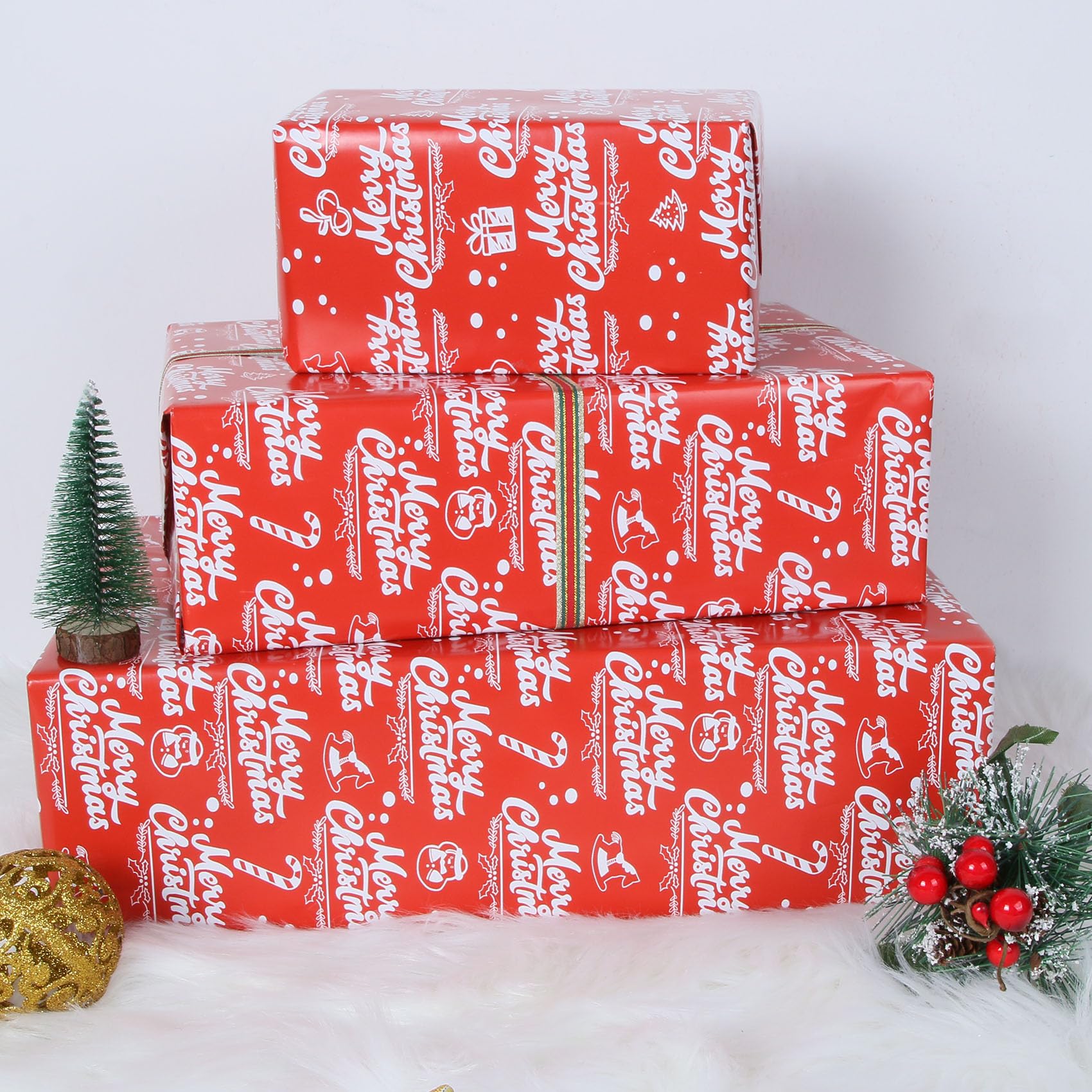 Aimyoo Rouleau de papier cadeau de Noël rouge Jumbo – Motif cheval à bascule, houx, Père Noël, 76,2 cm x 22 m