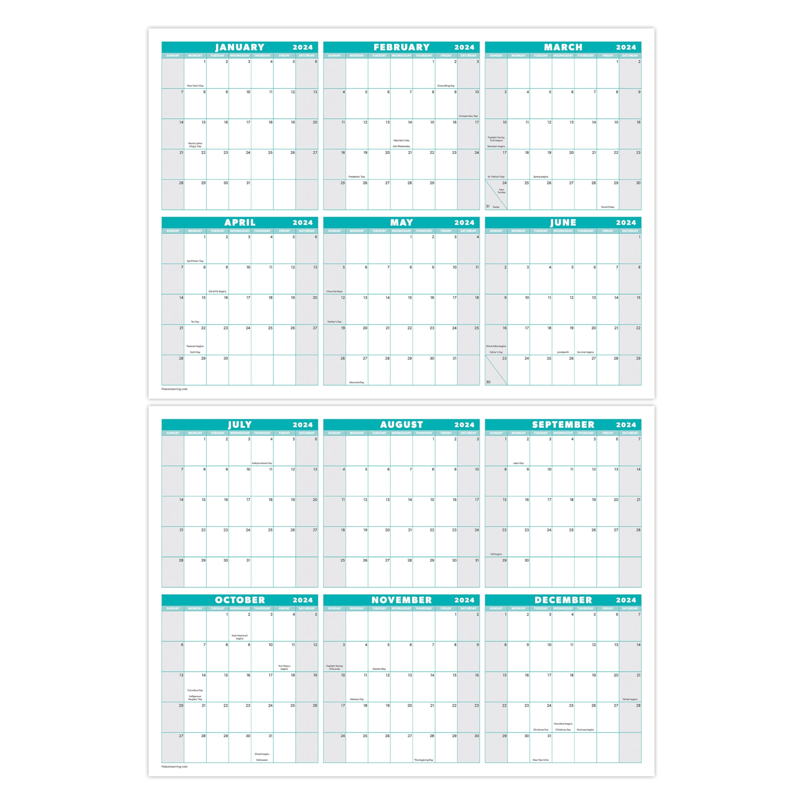 Photo 1 of Large 24" x 36" 2024 Dry Erase Wall Calendar - Wet & Dry Erasable 12 Month Annual Yearly Wall Planner - Horizontal/Vertical, Reversible (Teal, Laminated, 2024) - Two Piece Design