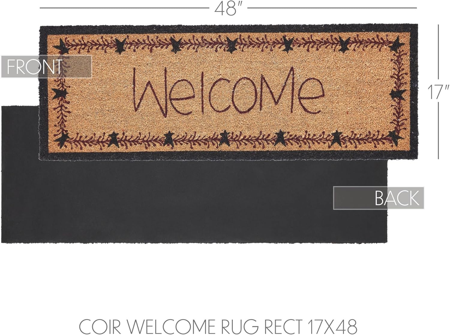 VHC Brands Coir Welcome Door Mat, Entry Rug, with PVC Backing, for Indoor Outdoor Use, Pip Vinestar Collection, Rectangle 17x48 Doormat, Stars and Vines Welcome, Natural