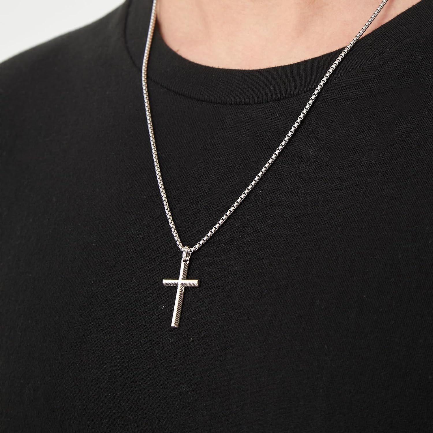 925 Silver Cross Necklace for Men, Oxidized Handcrafted Hammered/Diagonal, Vintage Silver Cross Pendant with Stainless Steel Chain, Gift for Men for Father’s Day, Christmas, Thanksgiving