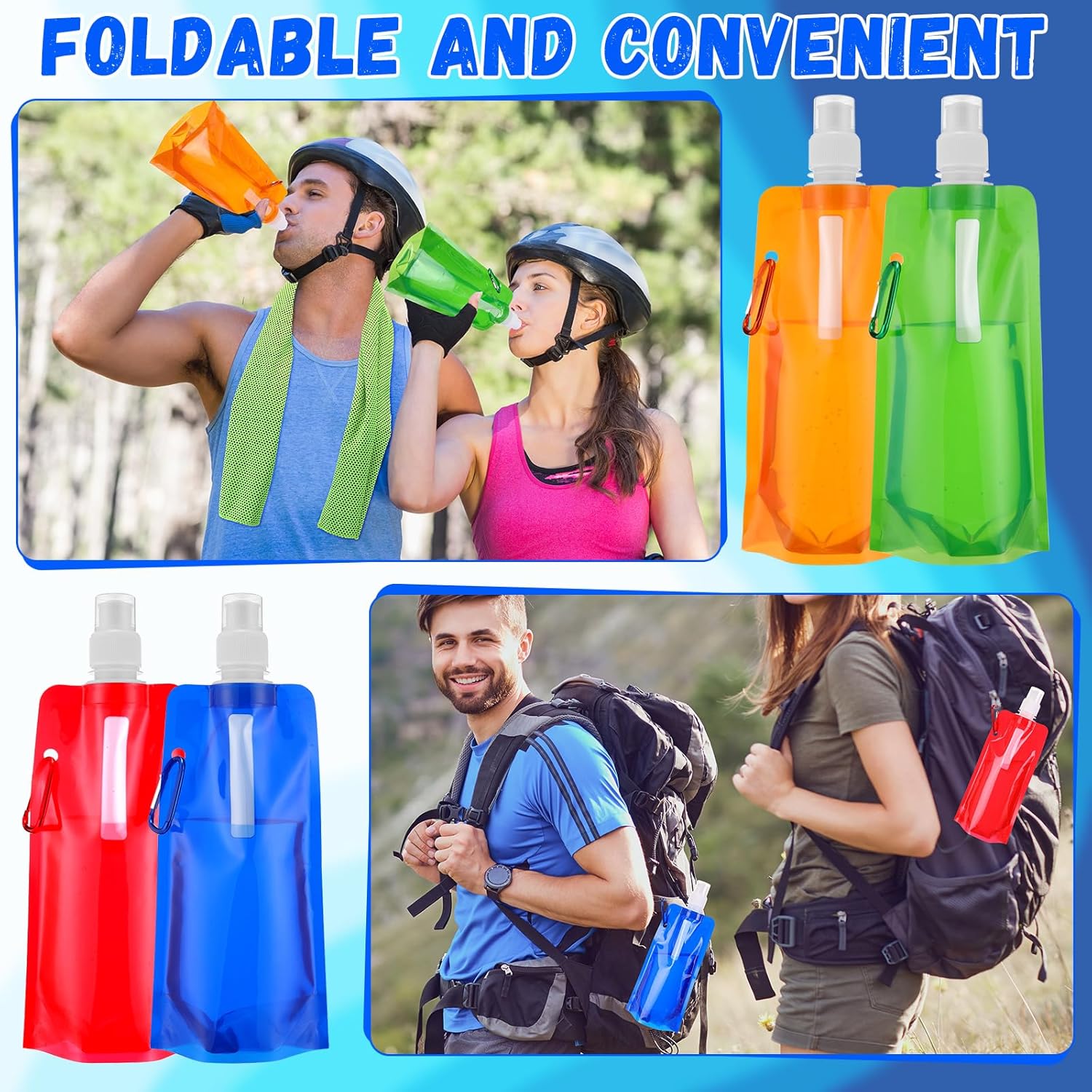 Teenyyou 48 Collapsible Water Bottles Bulk 16 oz with Carabiner Clip Cooling Towels 40'' x 12'' Reusable Leak Proof Water Bottles Mixed Color Ice Towel for Sports Biking Hiking Outdoor (6 Colors)