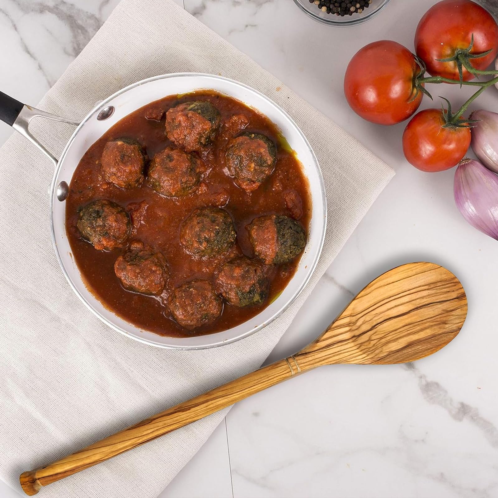 Cucchiaio in Legno D'ulivo, Cucchiaio in Legno Grande con Manico Lungo per Cucinare, Cucchiaio da Cucina Rotondo, Cucchiai da Portata per Mescolare E Servire in Cucina(A)
