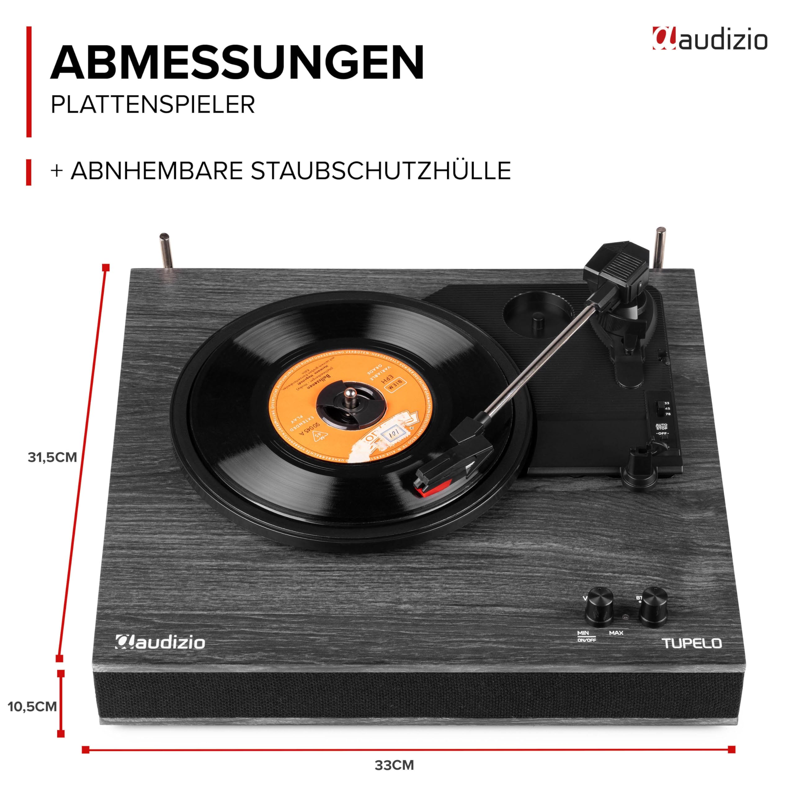 Audizio Tupelo - Plattenspieler mit Lautsprecher & Bluetooth, Schallplattenspieler Set mit Verstärker, 3 Gang (33/45/78 RPM) - 120 Watt Vinyl Player mit 2 Stereo Lautsprecher, Gramophon - Schwarz