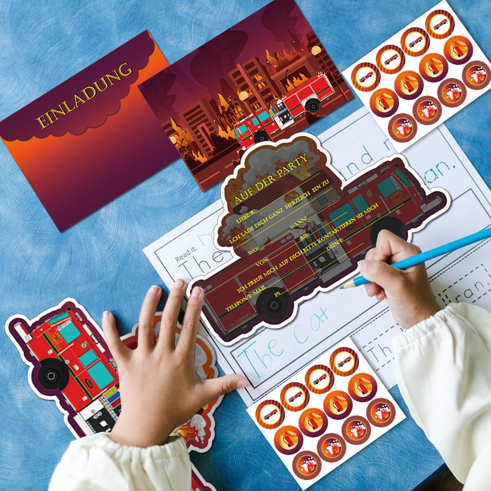 Biglietti Invito Compleanno A Tema Vigili Del Fuoco - Con Buste E Adesivi - 12 Pezzi