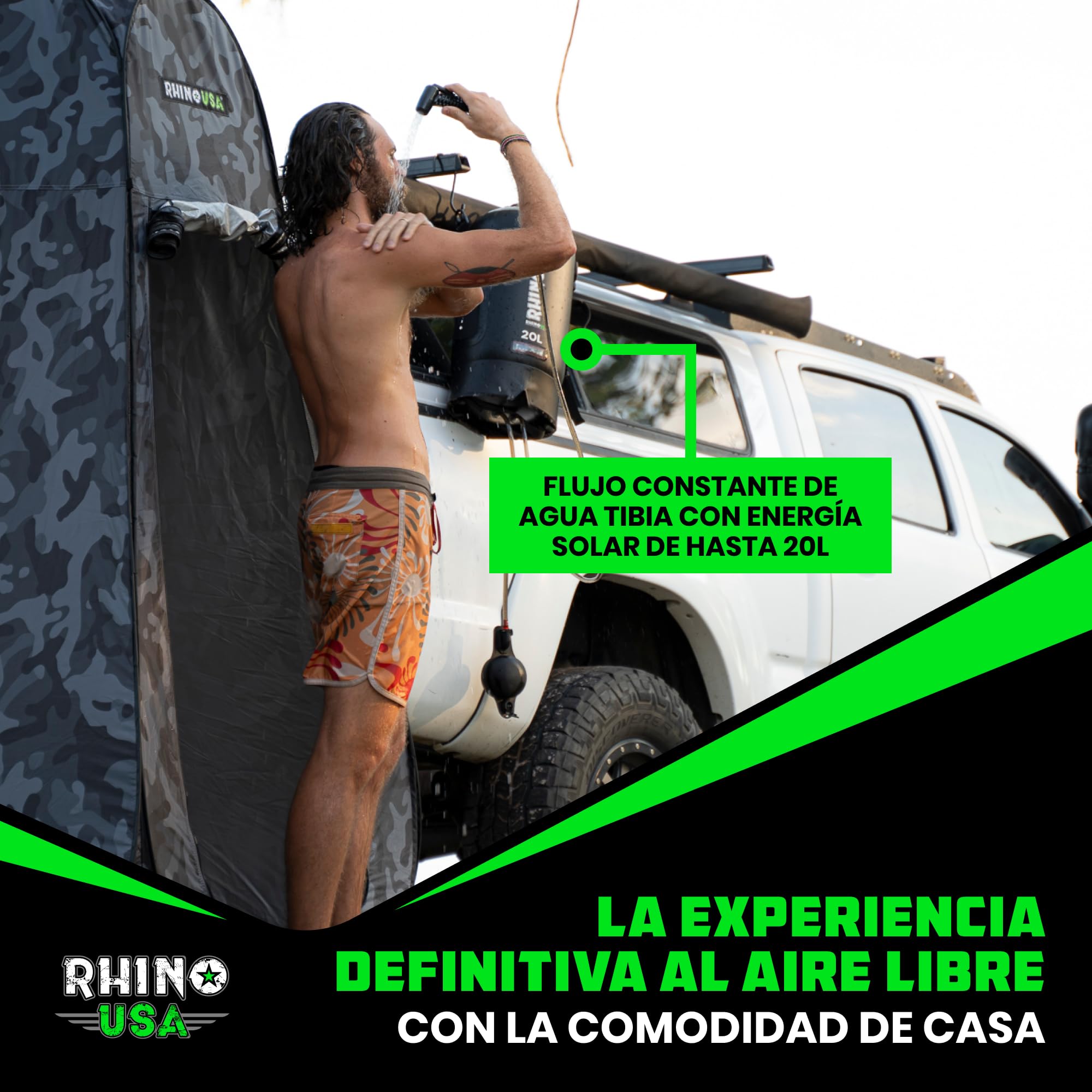 Rhino USA Ducha solar portátil de 5 galones/20 litros, esencial para camping, festivales, aterrizaje, viajes a la playa, ducha al aire libre y mucho más