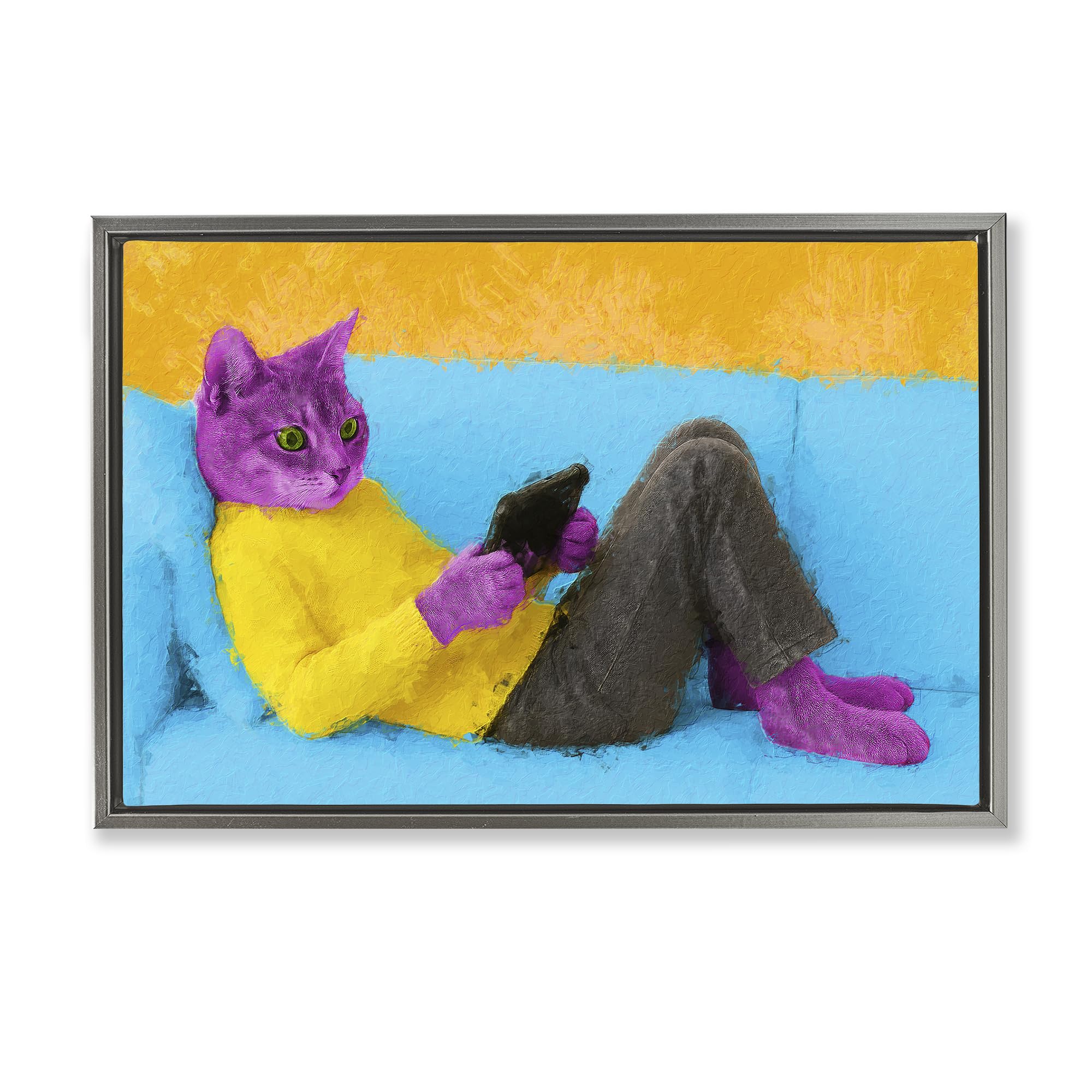 Stupell Industries Luster Gray (Matte) 'Vibrant Cat Playing Game'| Floating Frame Canvas Art