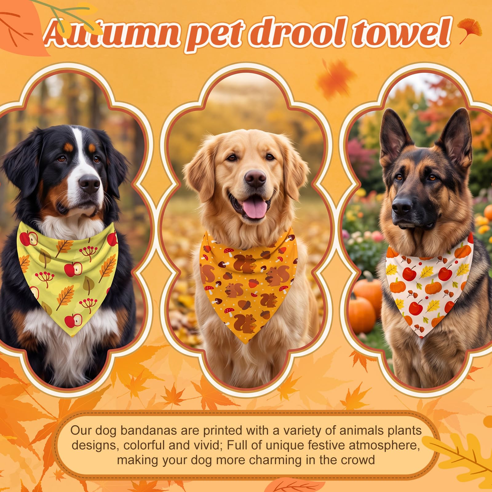 Abbylike Lot de 50 bandanas d'automne pour chien en vrac, feuille d'automne, citrouille, gland champignon | Ensemble de bavoirs triangulaires pour animaux de compagnie, accessoires photo, 25 styles, 80 x 55 x 55 cm