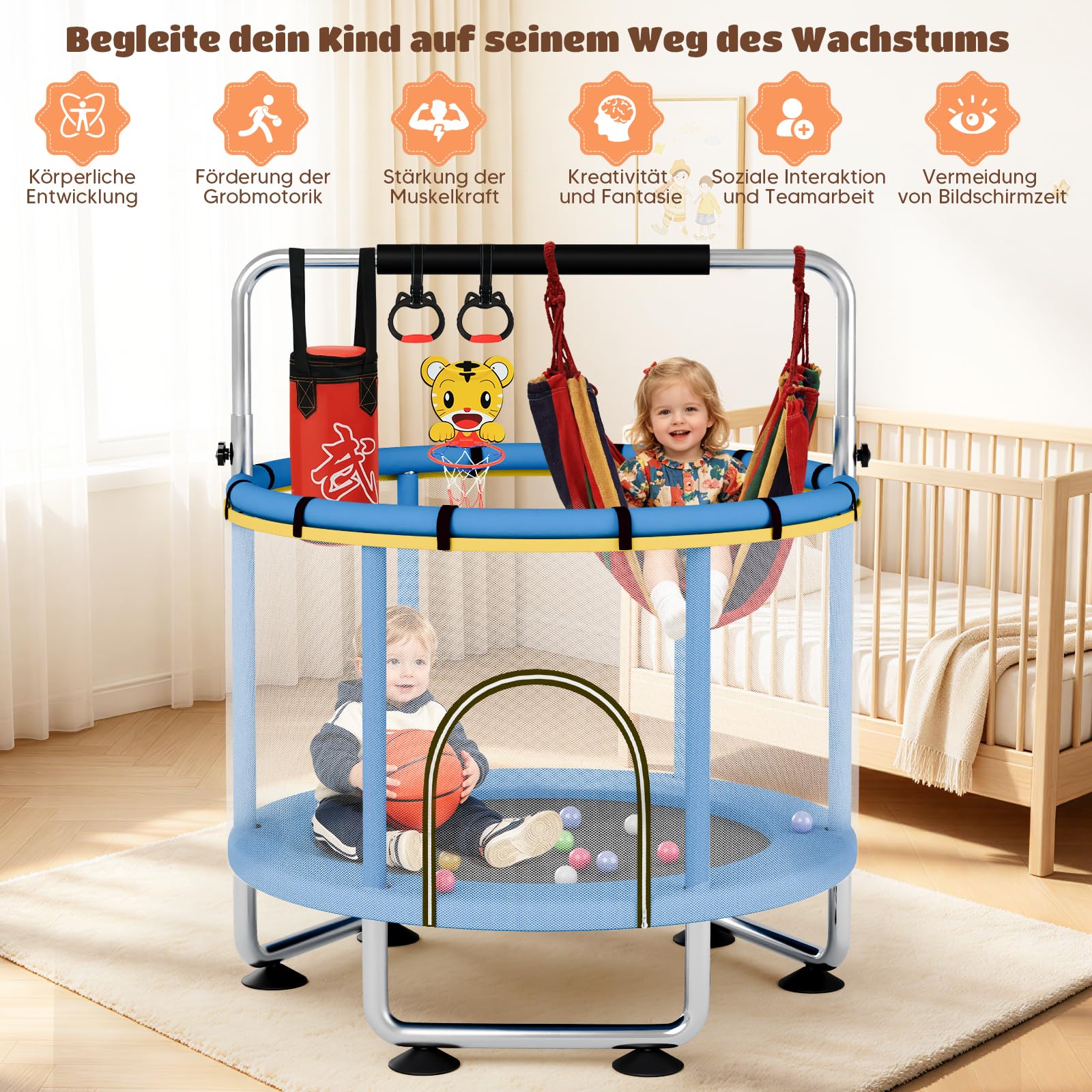Trampolino per Bambini, Trampolino per Bambini da 150cm per Interni/Esterni, Barra da Ginnastica Regolabile, Capacità 250KG, Rete Protezione/Canestro da Basket/Amaca/Sacco Boxe
