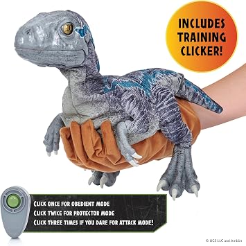 Wow! Stuff: Jurassic World Blue Training Edition Puppetronic by RealFX - Interactive Baby Raptor, 60+ Actions & Sounds, 22 Dinosaur Toy, Ages 8+