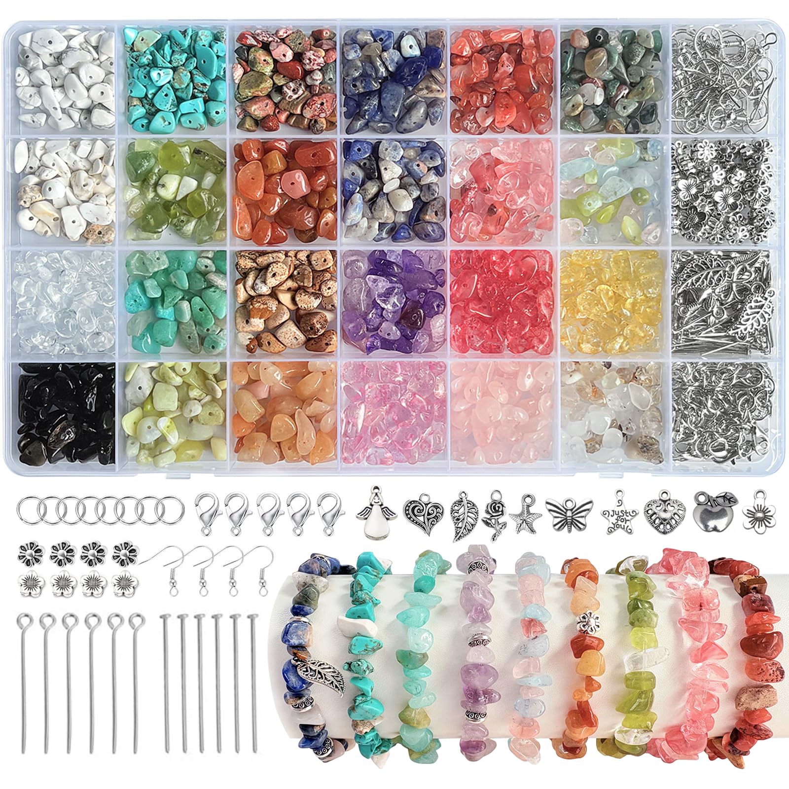 MATVHRUI 1000 Pcs Crystal Beads for Jewellery Making, 24 Colors Gemstones Chips Bracelet Making kit, 5-8mm Irregular Stone for Earring Keyring Necklace DIY Crafting