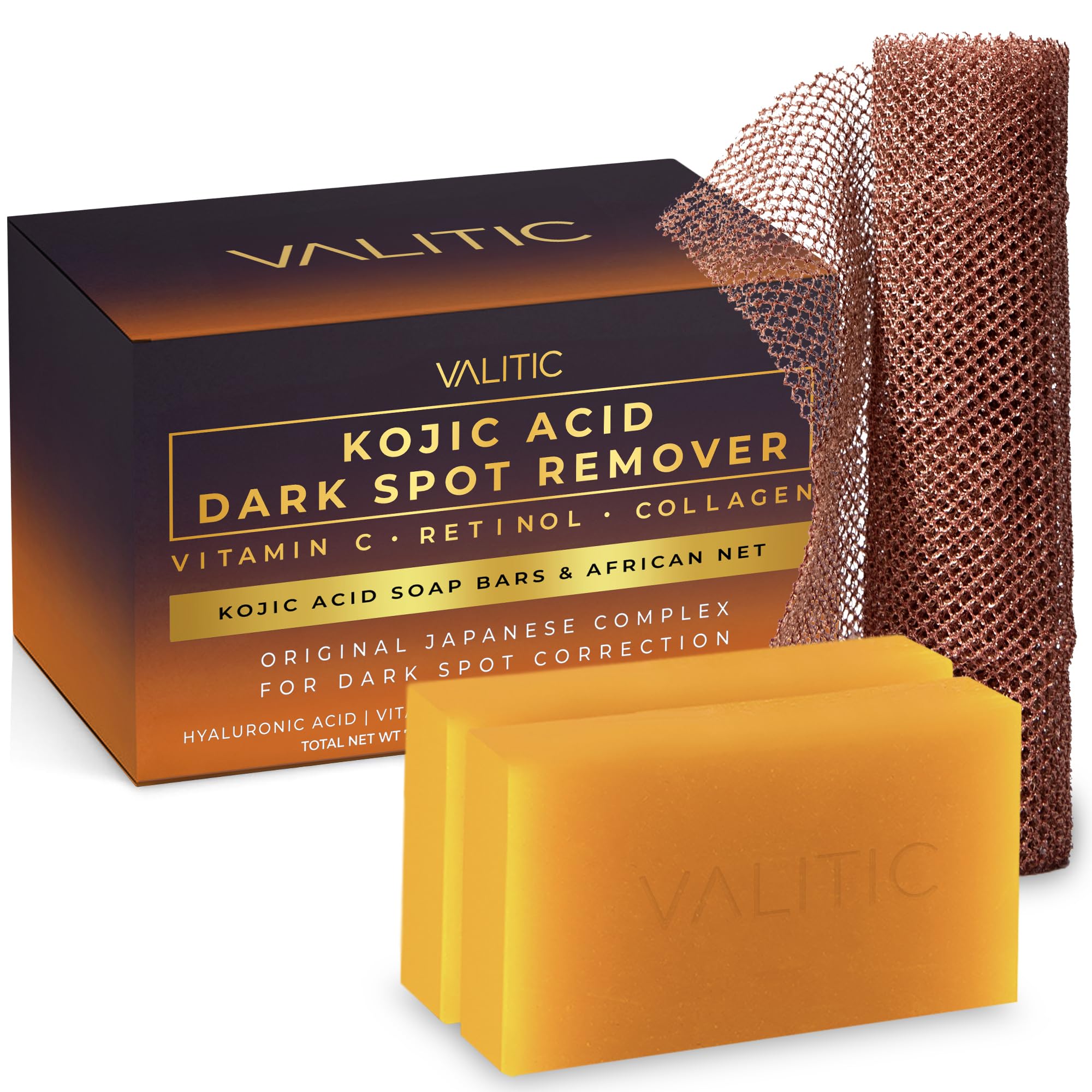 VALITIC Kojic Acid Dark Spot Remover Soap with Turmeric, Vitamin C, Retinol - Original Japanese Complex with Hyaluronic Acid, Vitamin E, Shea Butter,