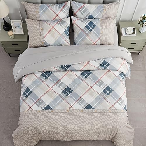 Miniatura 3 de ENJOHOS Bed in a Bag Queen - Juego de edredón de 7 piezas, color caqui, tamaño Queen con sábana, juego de ropa de cama de espiga a cuadros